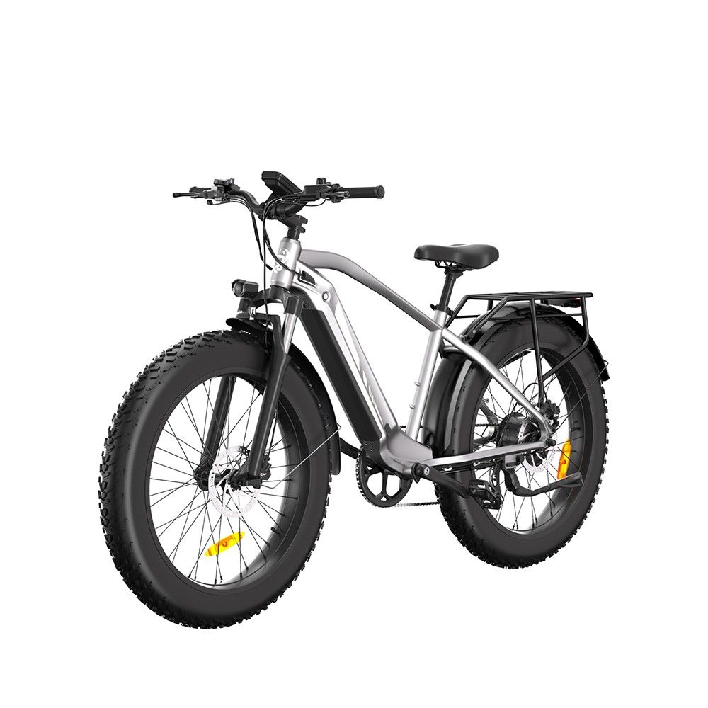 Graues Elektro-Mountainbike mit schwarzen Reifen und Gepäckträger. Schräge Ansicht, weißer Hintergrund.
