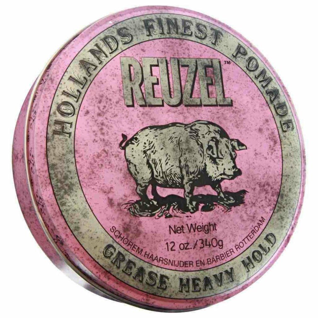 Runde Dose, rosa Deckel. Reuzel-Schriftzug, Schweine-Illustration, Text. 12 oz./340g. "Grease Heavy Hold".
