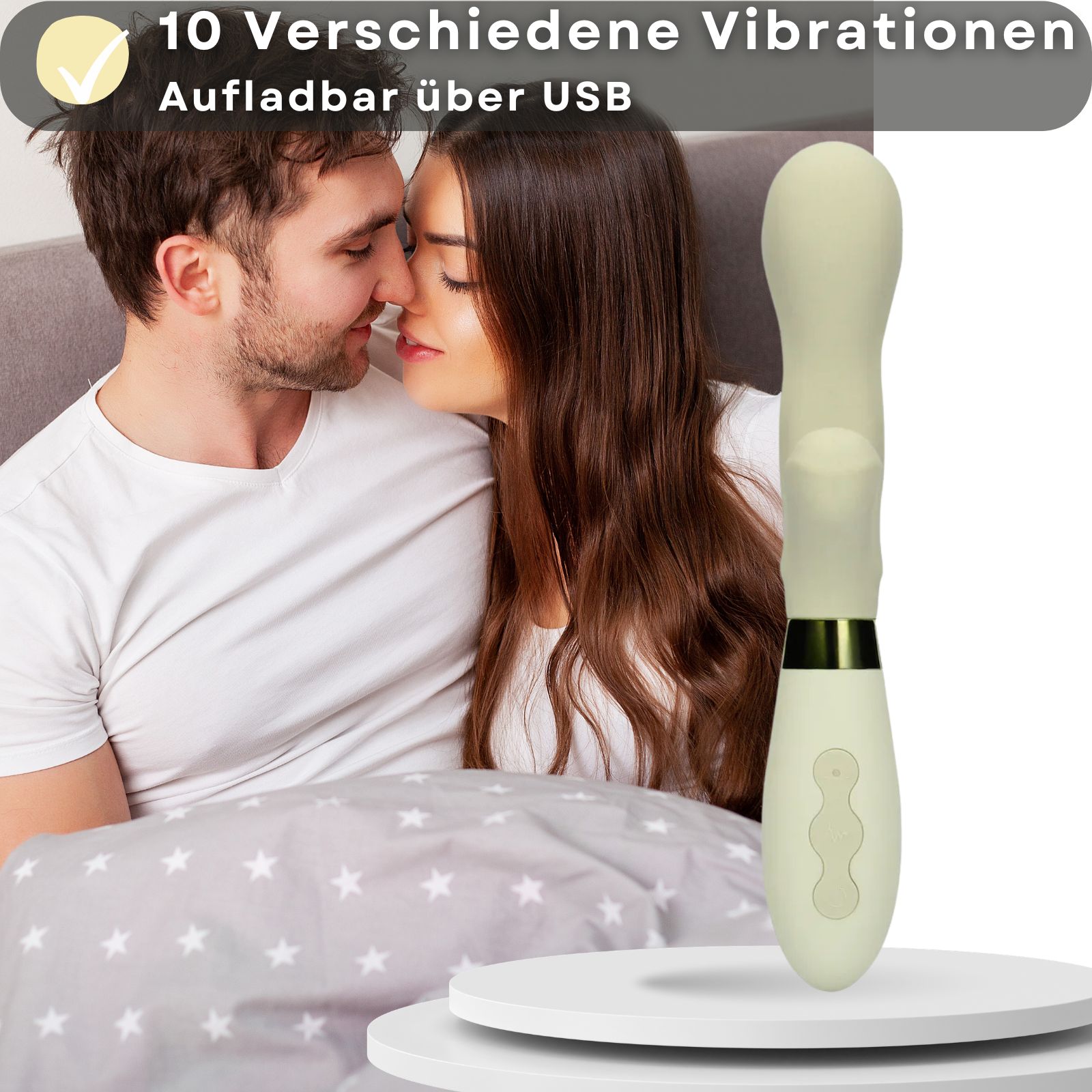 Cremefarbener Vibrator, neben Paar. Text: 10 Vibrationen, USB-aufladbar.
