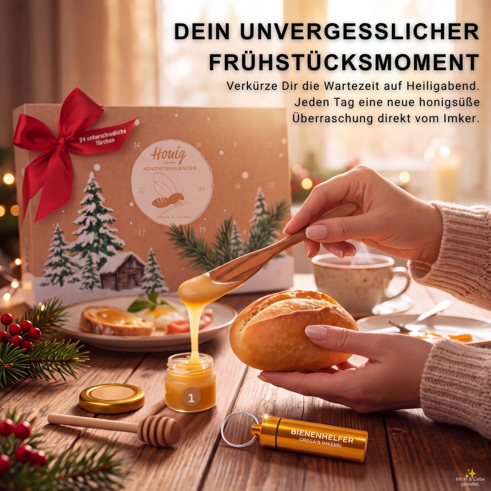 Eine Hand träufelt Honig aus einem Holzstäbchen in ein kleines Glas. Adventskalender und Gebäck im Hintergrund.