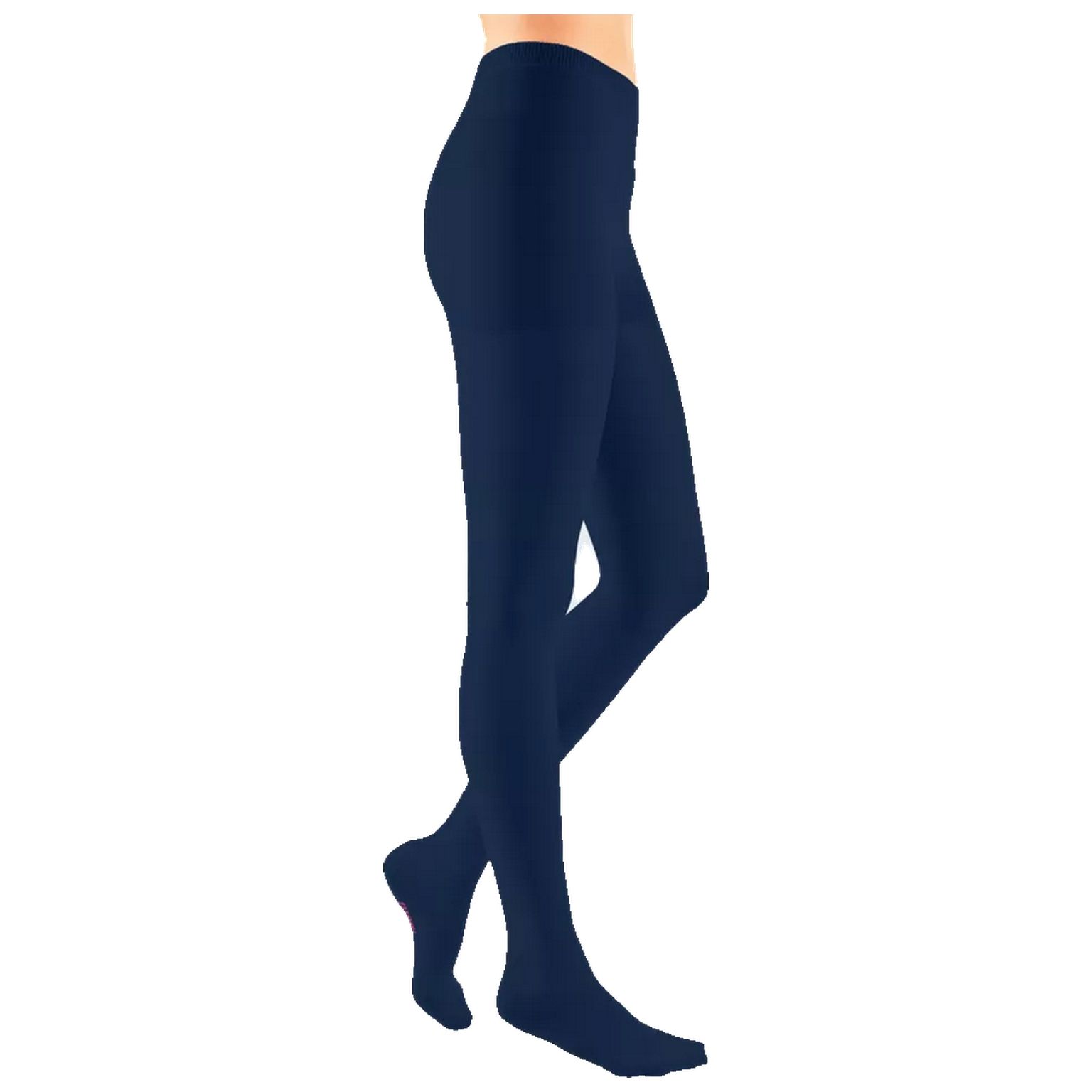 Marineblaue Kompressionsstrumpfhose. Blick von der Seite, zeigt die Form und den Schnitt.