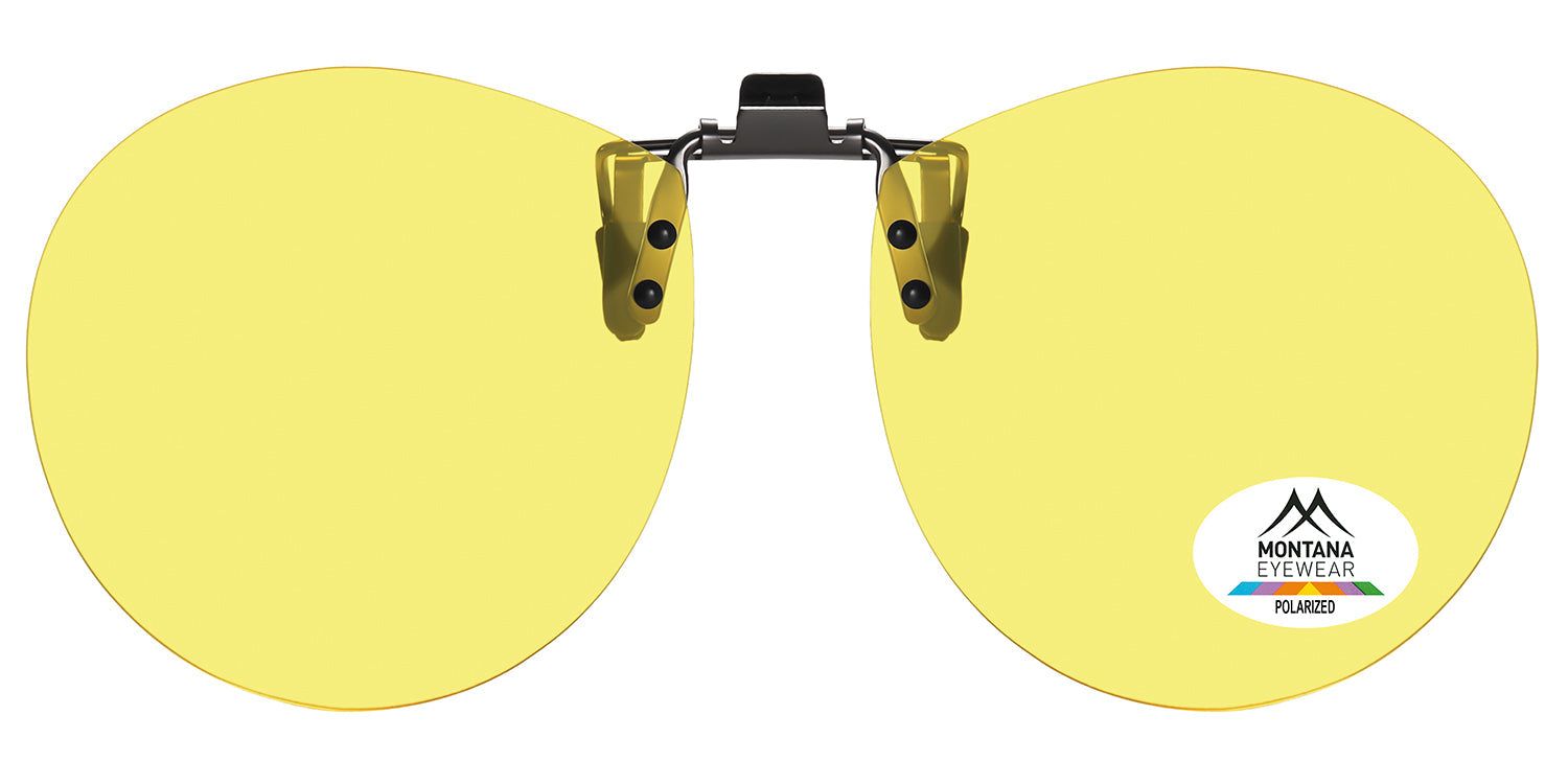 Gelbe Clip-on-Sonnenbrille mit Montana Eyewear Logo. Polarisierte Gläser. Runde Form.