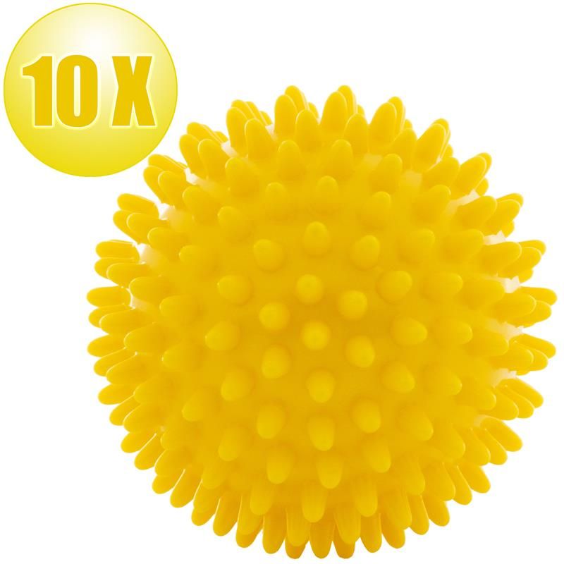 Gelbe Massagekugel mit Noppen. Neben der Kugel ein gelbes Schild mit der Aufschrift "10 X".