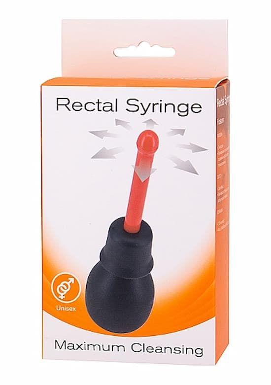 Verpackung mit Produktabbildung. Aufschrift: Rectal Syringe, Unisex. Orangefarbener Karton mit schwarzem Produkt und rotem Applikator.
