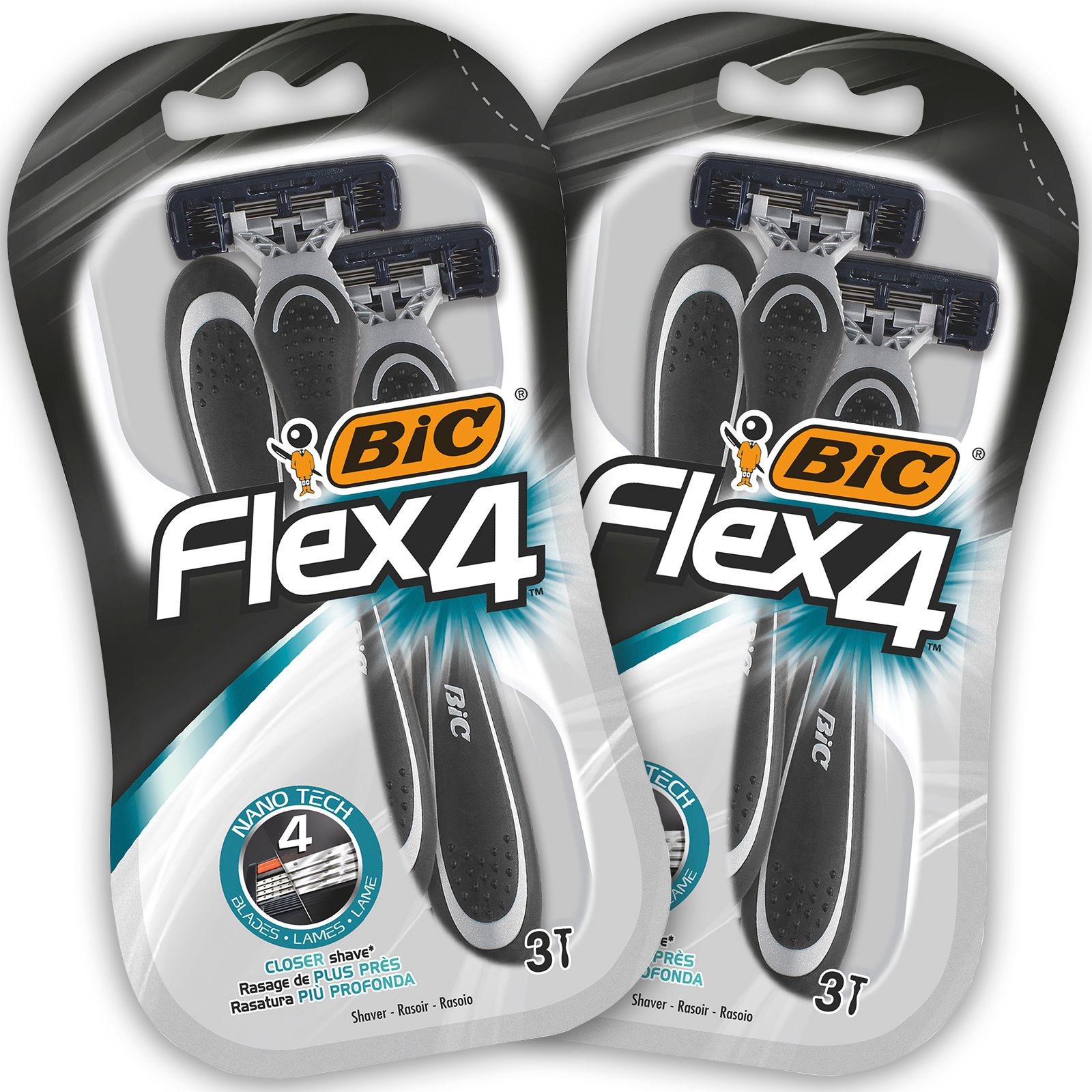 Zwei Packungen Rasierer. Schwarze und graue Griffe. BIC Flex 4 Logo. 3 Stück pro Packung.