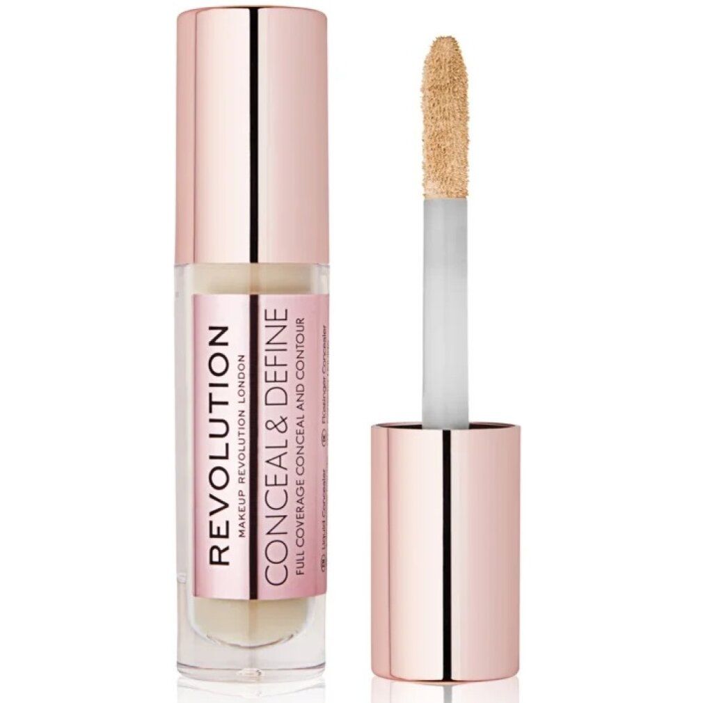 Flüssiger Concealer mit Applikator. Rosa-farbene Aufschrift: REVOLUTION CONCEAL & DEFINE. Voll deckend. Farbton C4. Rosegoldfarbener Deckel.