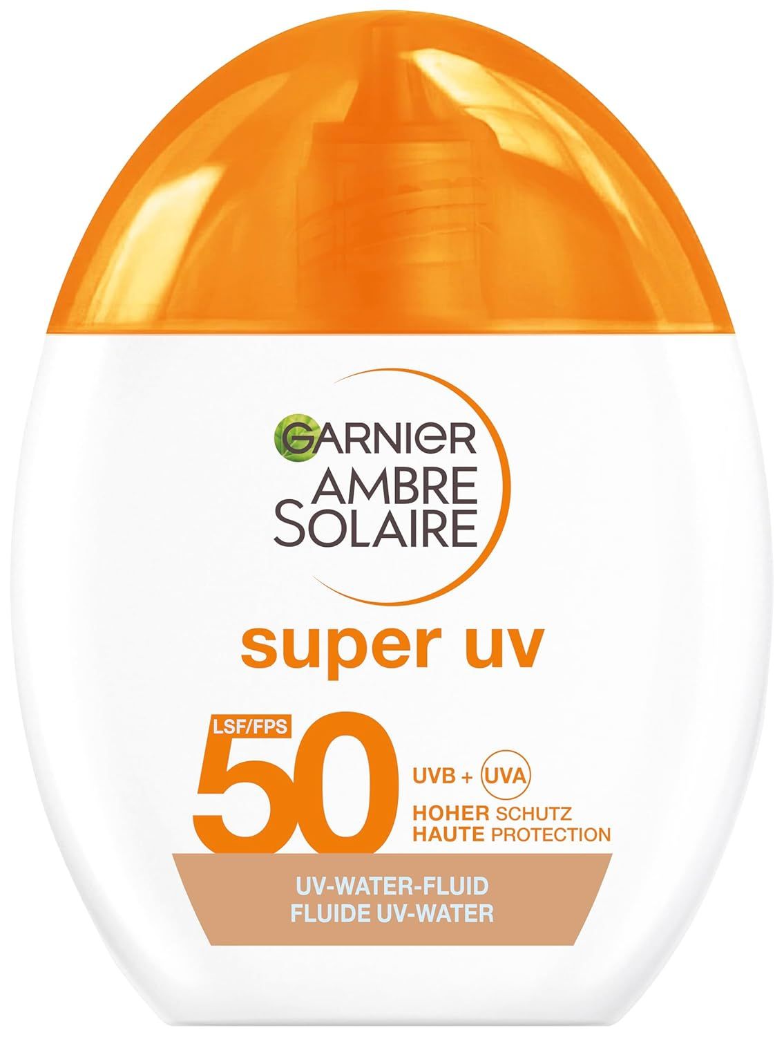 Weiße Flasche mit orangefarbenem Deckel. Garnier Ambre Solaire Super UV, LSF 50. Text: UV-Water-Fluid.