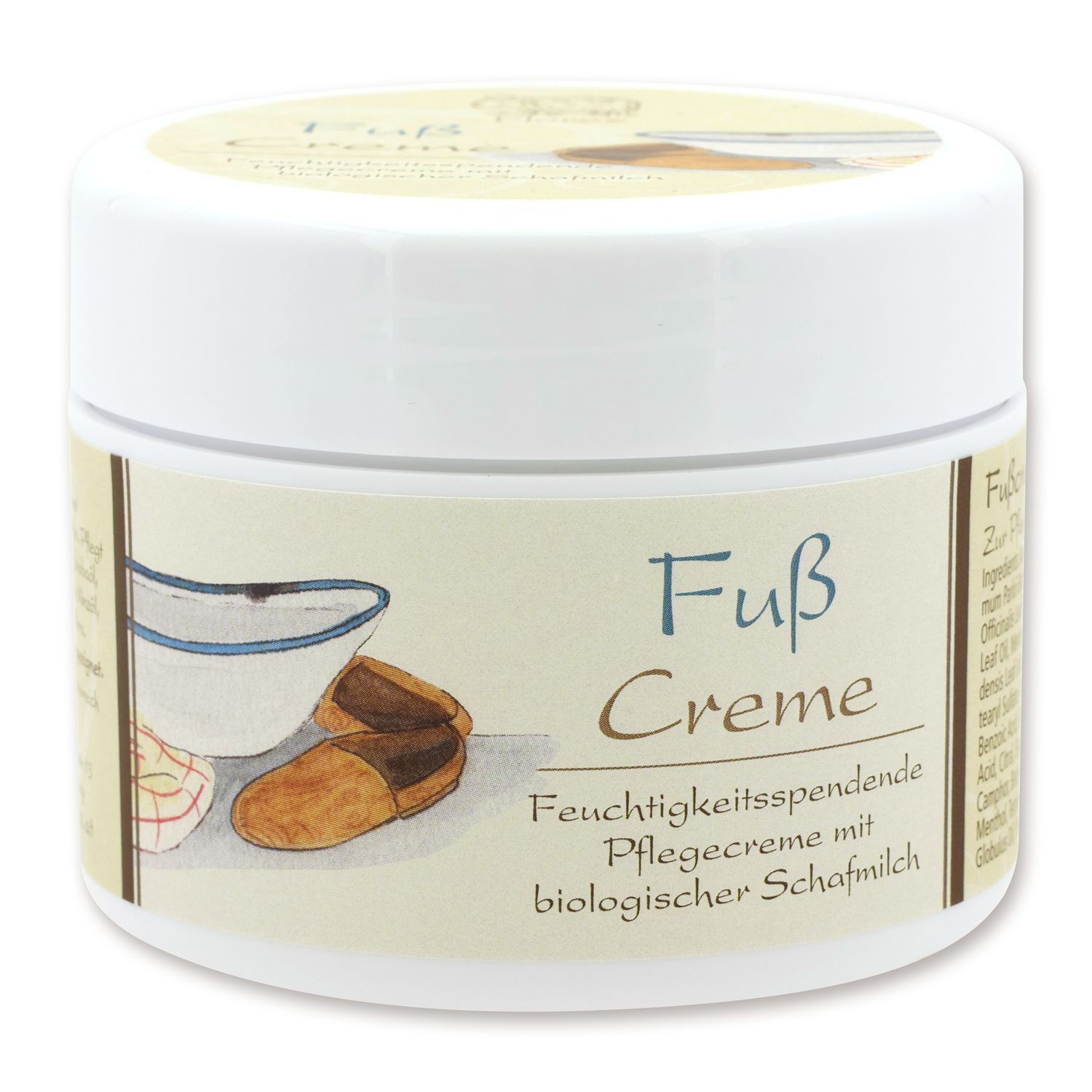 Weiße Dose mit Aufschrift "Fuß Creme". Auf dem Etikett sind eine Schüssel, Hausschuhe und der Text "Feuchtigkeitspendende Pflegecreme mit biologischer Schafmilch" abgebildet.