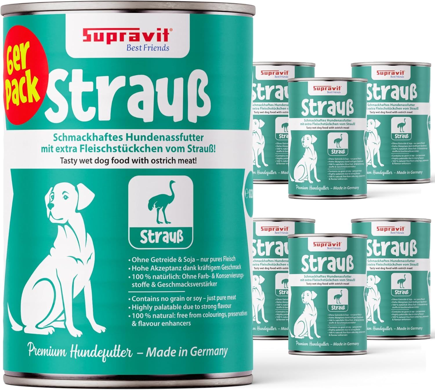 Mehrere Dosen Hundenassfutter. Text: Strauß. Schmackhaftes Hundenassfutter mit extra Fleischstücken vom Strauß! Marke: Supravit.