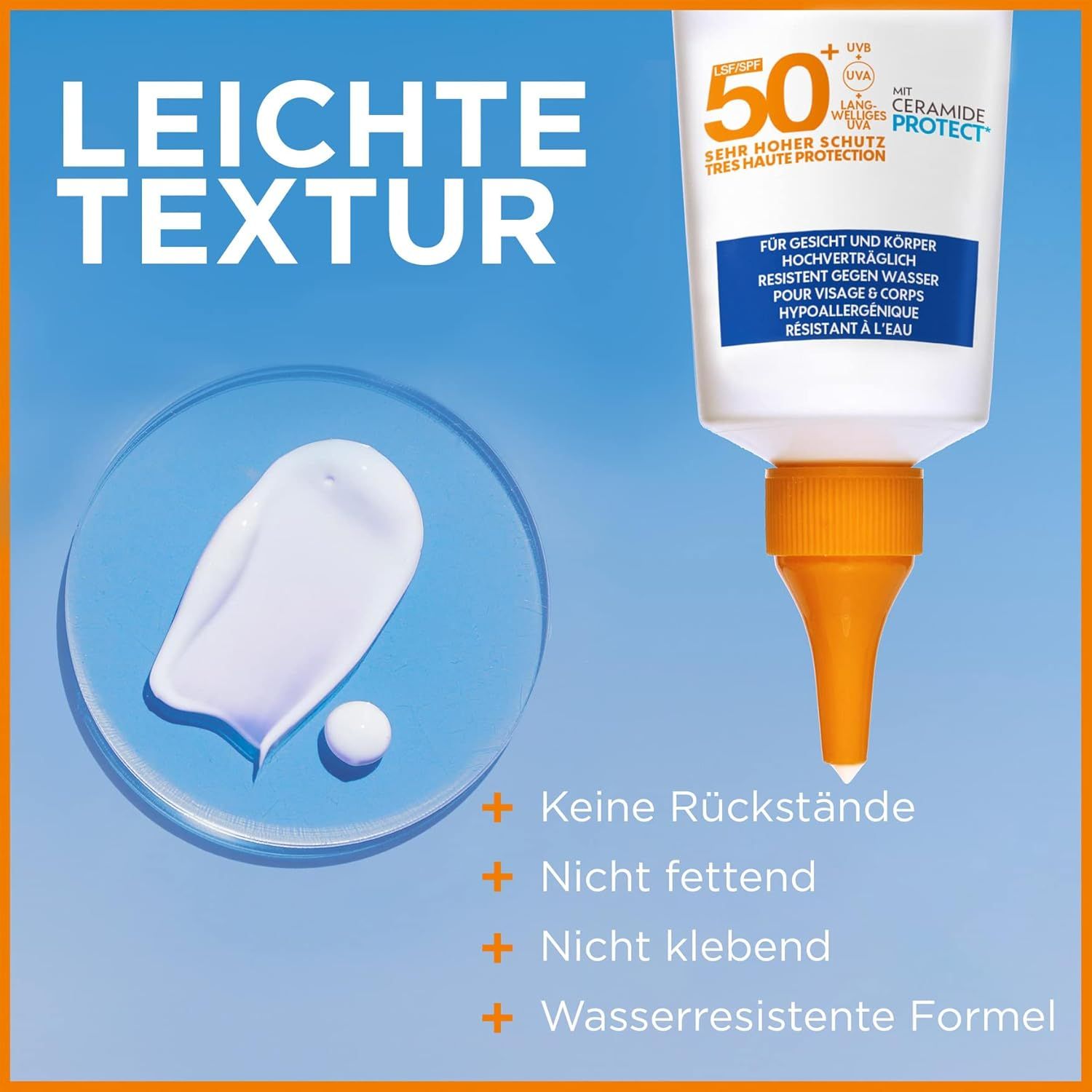 Garnier Ambre Solaire Sensitive Expert+ LSF50+ Sonnen-Serum Tube. Leichte Textur. Blaue und weiße Elemente.