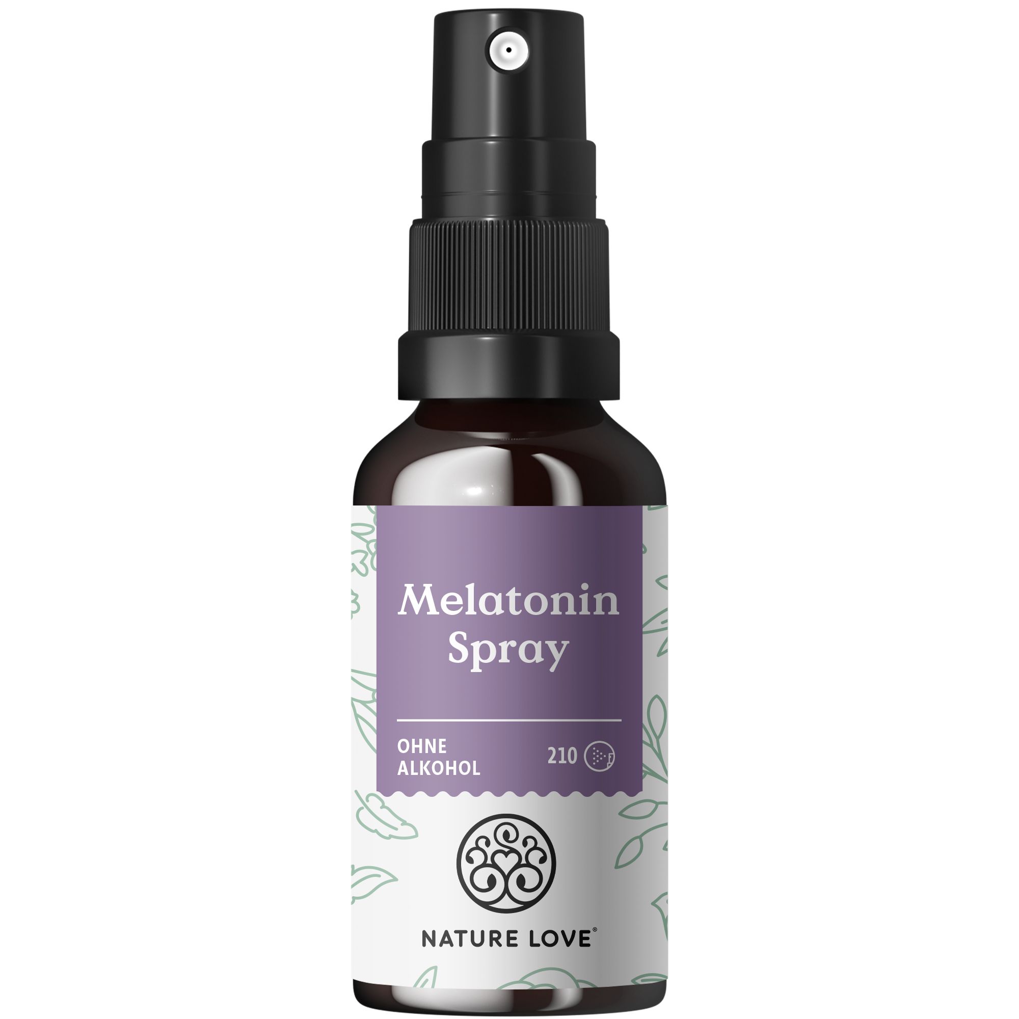 Braune Sprühflasche mit lila Etikett. Aufschrift: Melatonin Spray, ohne Alkohol. Logo und Qualitätsauszeichnung.