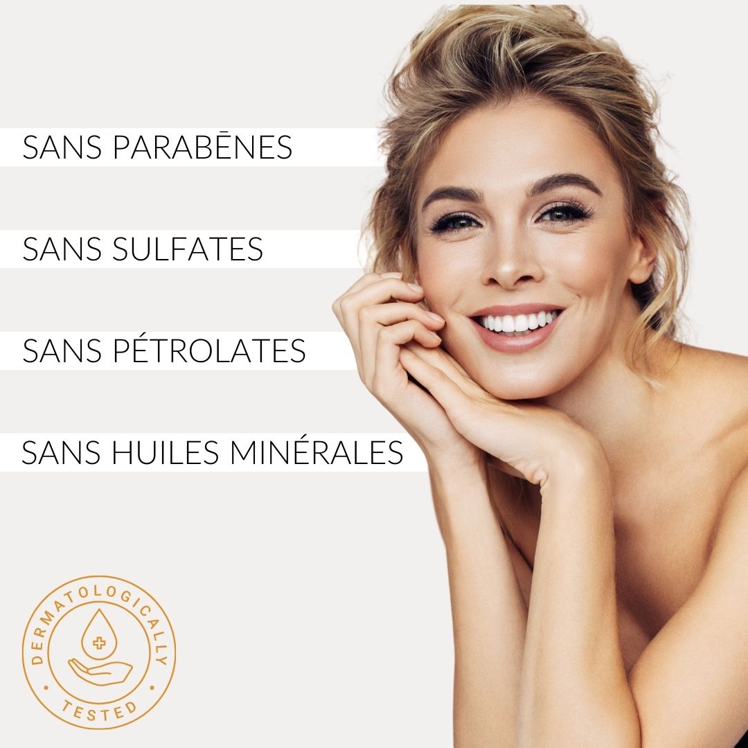 Femme blonde. Texte : Sans parabènes, sulfates, pétrolates, huiles minérales. Testé dermatologiquement.