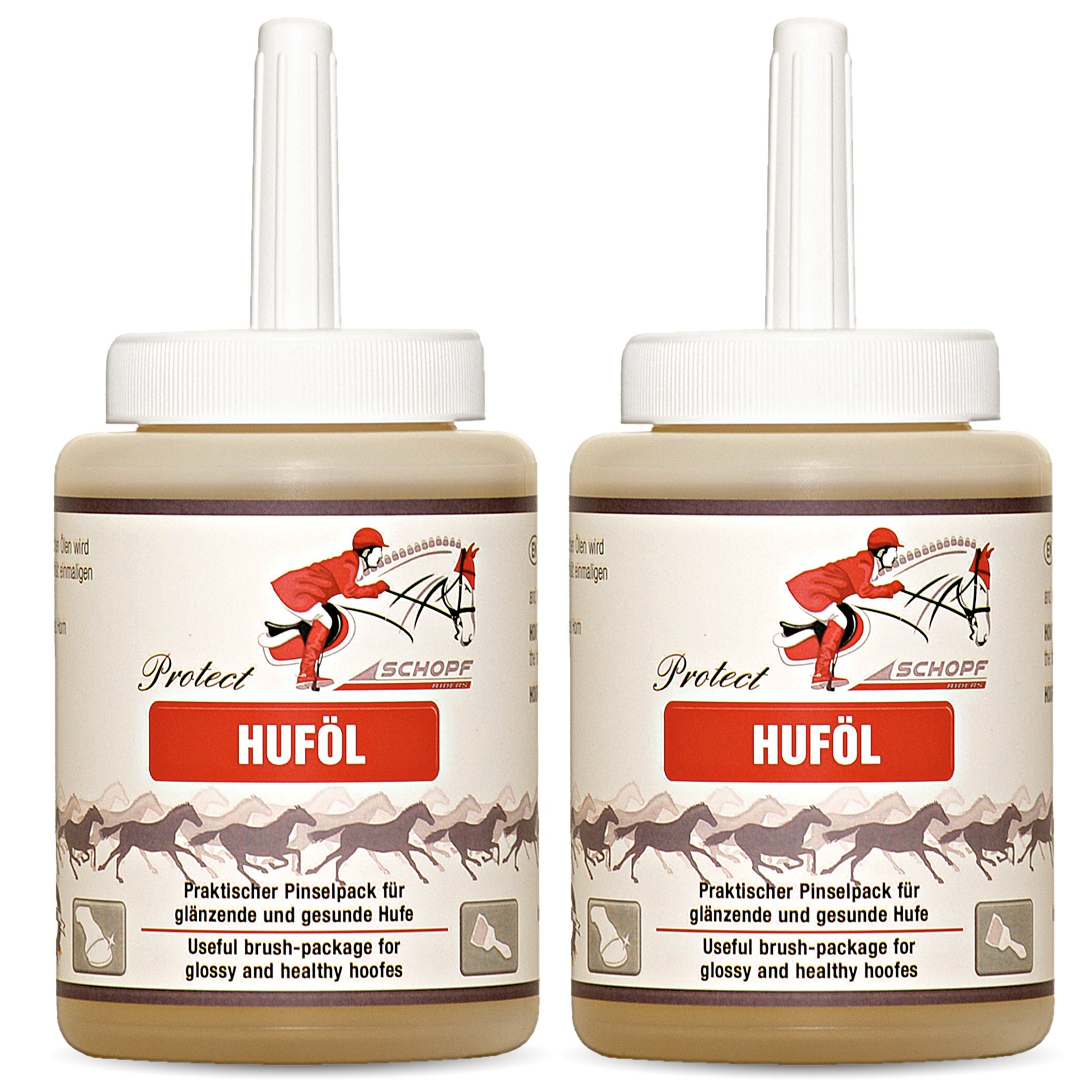 Zwei Flaschen Huföl mit Applikator. Text: Praktisches Pinselpack für glänzende und gesunde Hufe.
