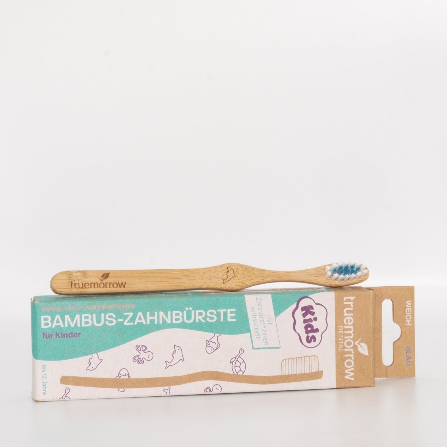 truemorrow Bambus-Zahnbürste für Kinder (mit Meerestier-Gravuren) Blau / Weich