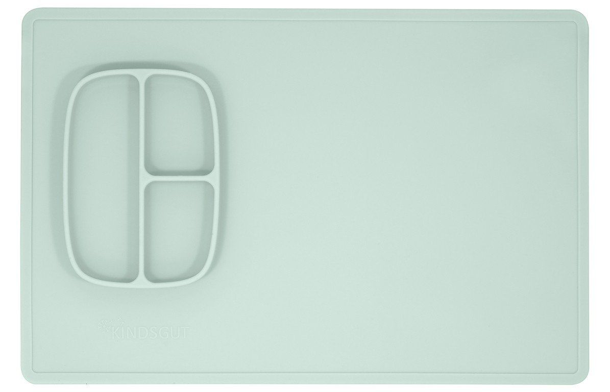 Aquamarinfarbene Spielmatte mit integriertem, dreigeteiltem Teller. Rechteckige Form, abgerundete Ecken.