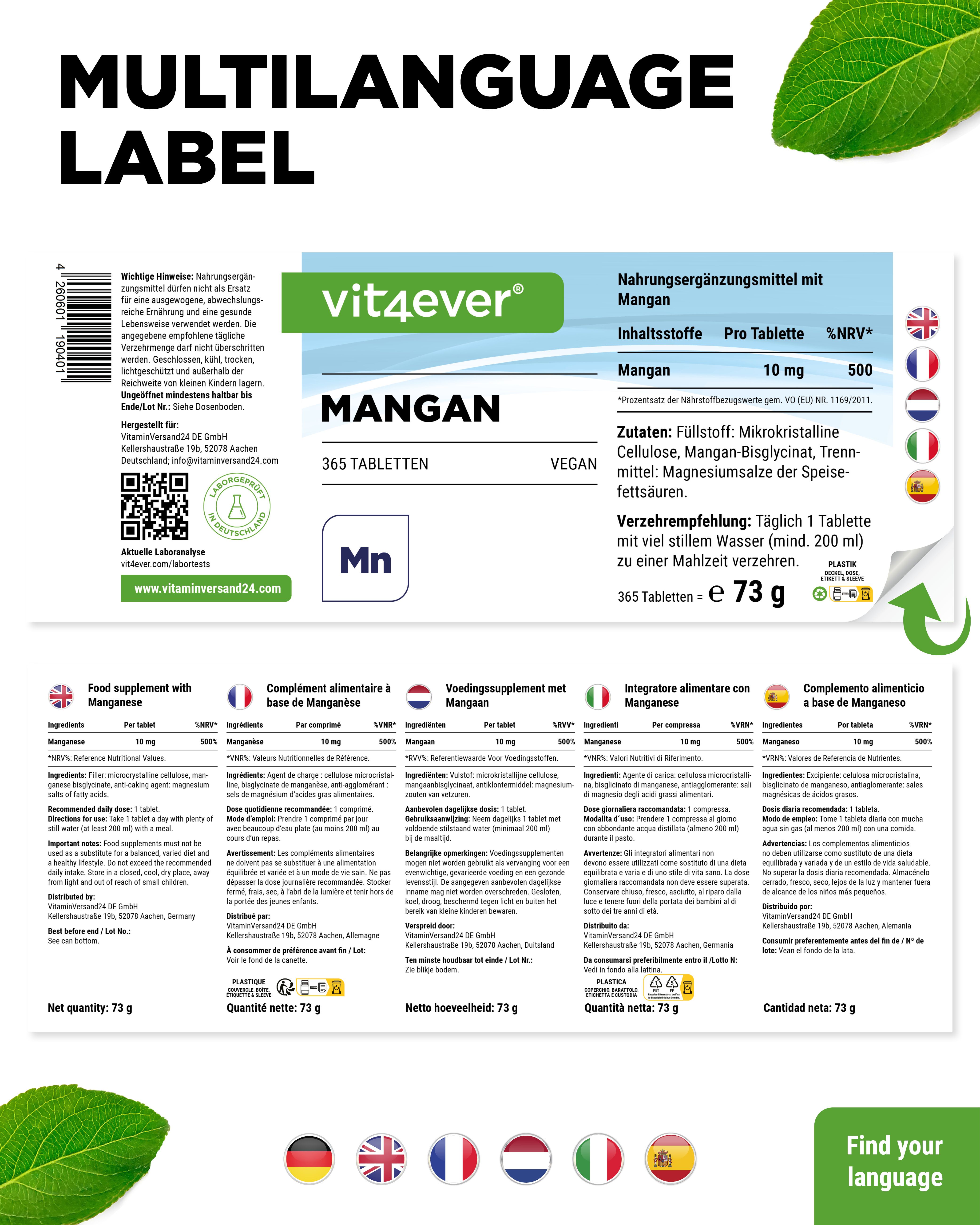 Mehrsprachiges Etikett mit Produktinformationen. "vit4ever Mangan", 365 Tabletten, vegan. Inhaltsstoffe, Nährwerte.
