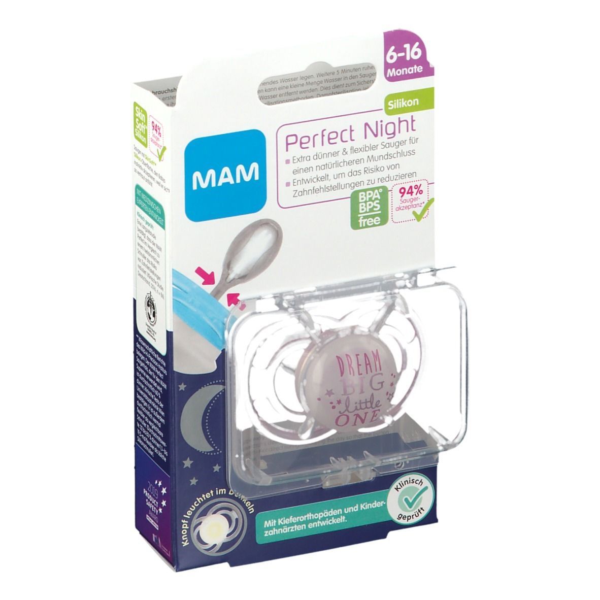 Schnuller in Verpackung. Transparente Halterung, rosa Sauger mit Schriftzug. Verpackung mit Produktname und Altersempfehlung.