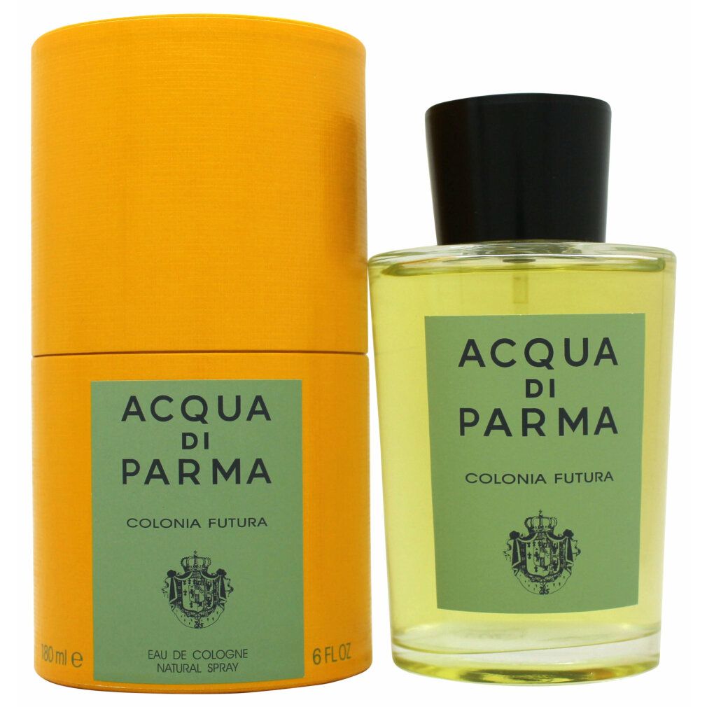 Gelbe Verpackung und Flakon. Aufschrift: Acqua Di Parma Colonia Futura. Grünes Etikett mit Wappen. Flakon mit schwarzem Verschluss.