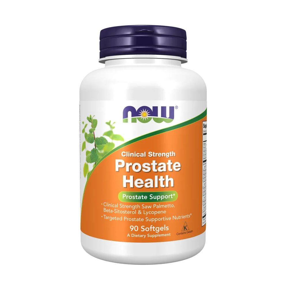 Weiße Flasche mit blauem Deckel. Aufschrift: Prostate Health. Enthält 90 Softgels. Marke: NOW.