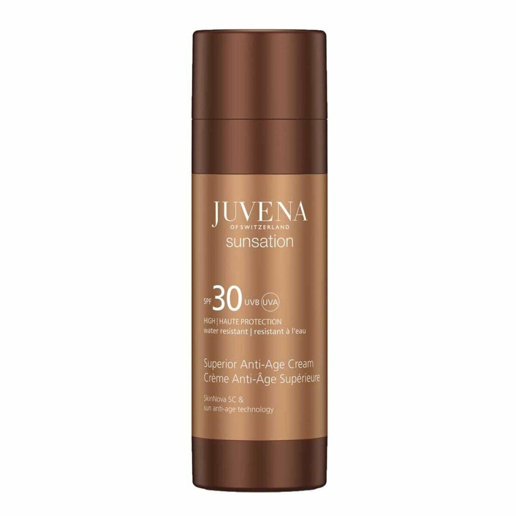 Braune Flasche. Aufschrift: Juvena Sunsation Superior Anti-Age Cream SPF30. Wasserfest.