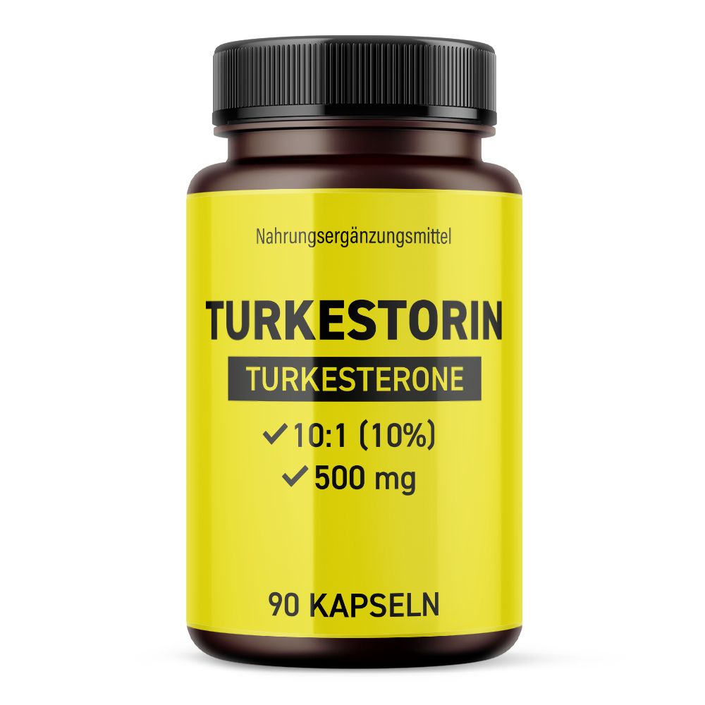 Braune Flasche mit gelbem Etikett. Aufschrift: TURKESTORIN, TURKESTERONE, 10:1 (10%), 500 mg, 90 Kapseln.