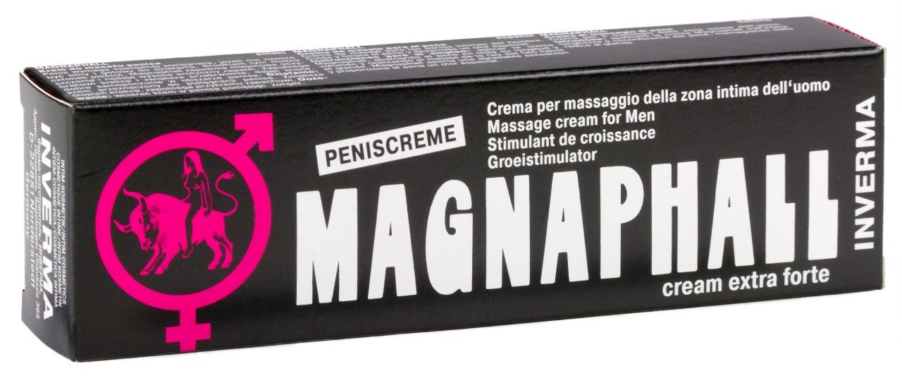 Schwarze Verpackung mit "MAGNAPHALL"-Schriftzug. Pinkes Logo mit Stier und Männlichkeits-Symbol. Text: "cream extra forte".