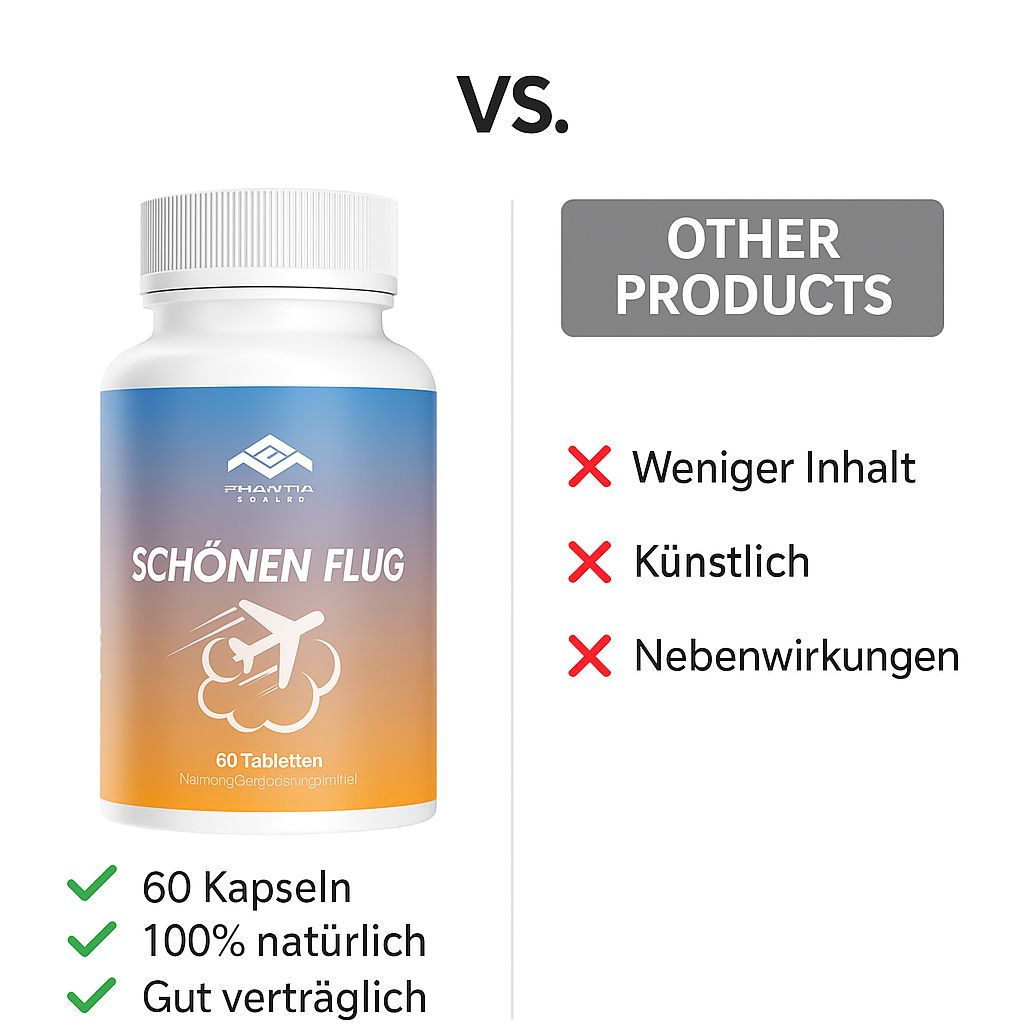 Tablettenflasche neben Text: VS. Andere Produkte. Text: 60 Kapseln, 100% natürlich, gut verträglich. Rote Kreuze: Weniger Inhalt, künstlich, Nebenwirkungen.