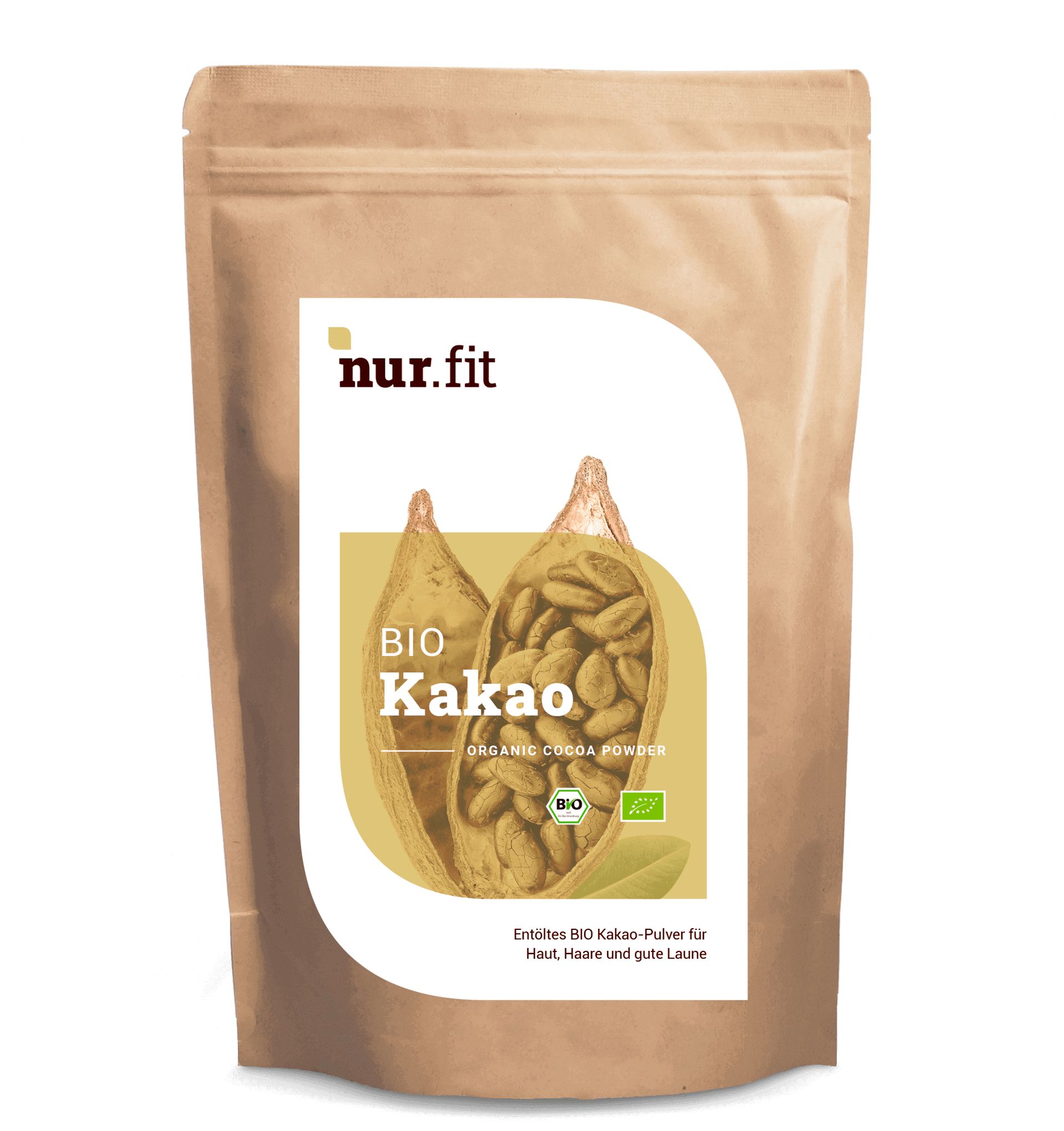 Beutel mit BIO Kakao Pulver. Aufdruck: BIO Kakao, Logo, grüne Blätter. Braune Verpackung.
