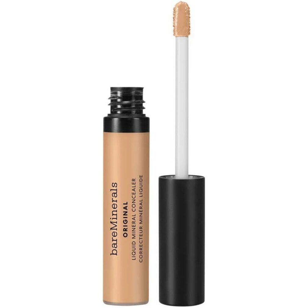 Flüssiger Concealer. Beige Flasche mit schwarzem Deckel. Applikator mit Schwammspitze. Text: BareMinerals Original.