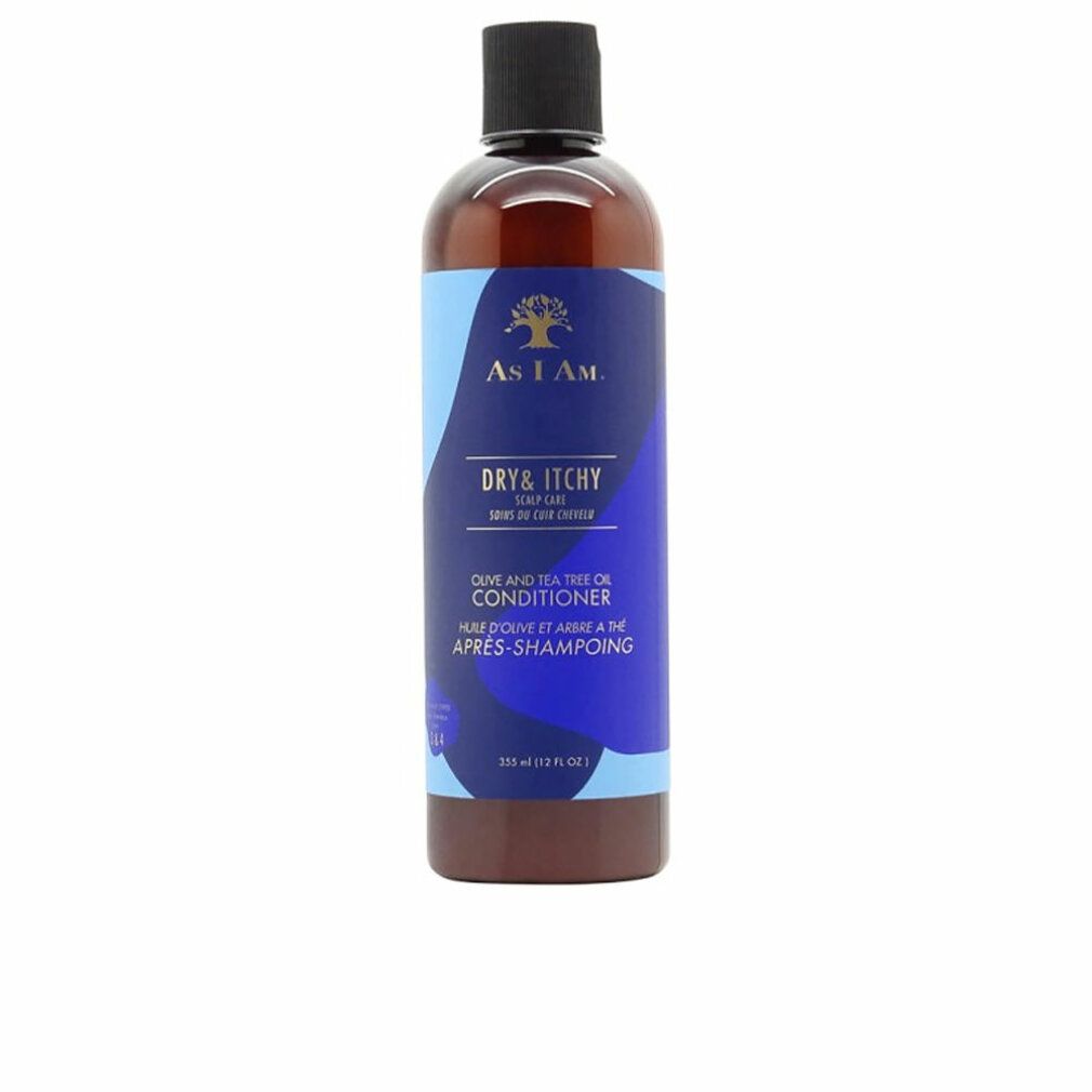 As I Am Dry & Itchy Conditioner Flasche mit schwarzem Deckel. Dunkelbraune Flüssigkeit sichtbar.
