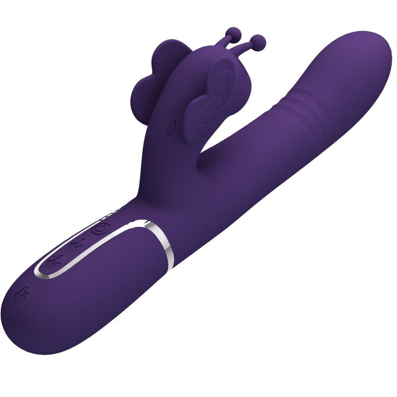 Lila Vibrator mit Kaninchen-Design. Mit Ohren und Knopfleiste. Schräge Ansicht.