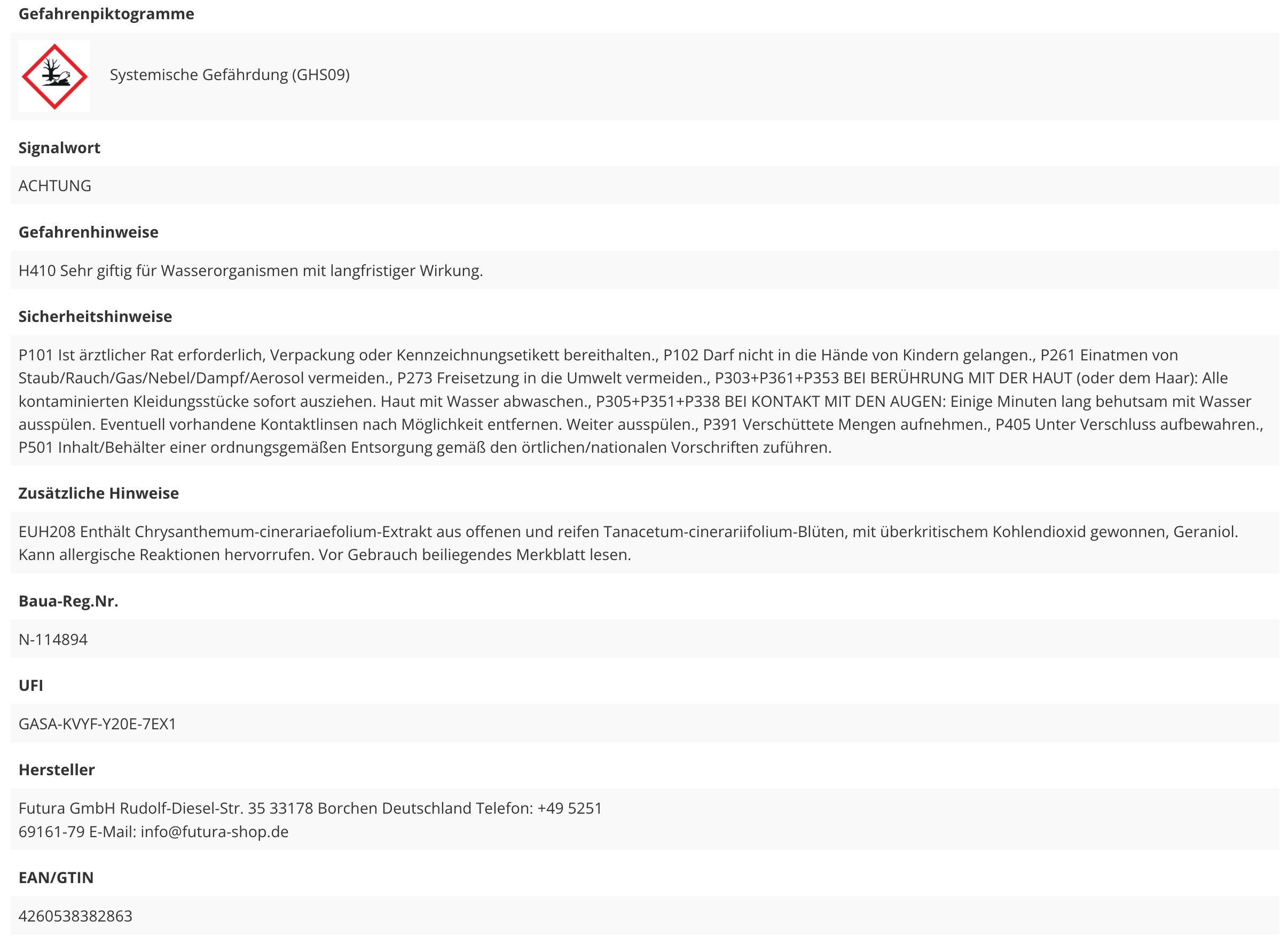 Textdokument mit Gefahrenhinweisen und Sicherheitsinformationen. Enthält Informationen zu Inhaltsstoffen und Hersteller.