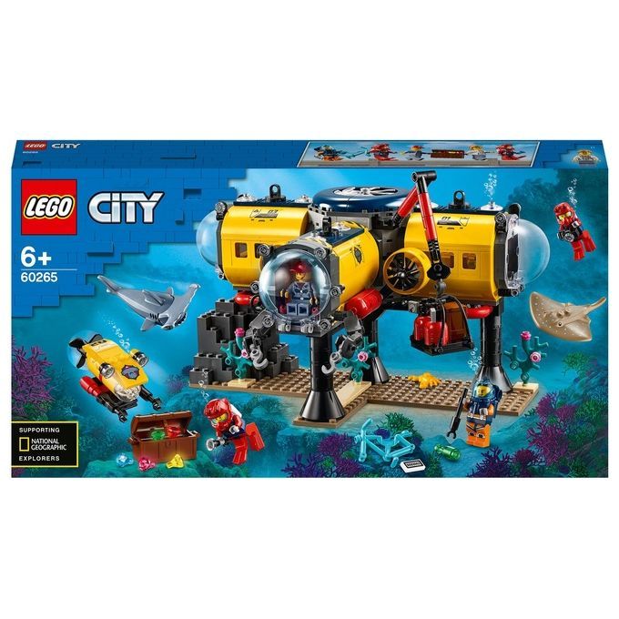 LEGO 60265 City Base per Esplorazioni Oceaniche, Sottomarino Giocattolo, Animali Marini Squalo e Ma