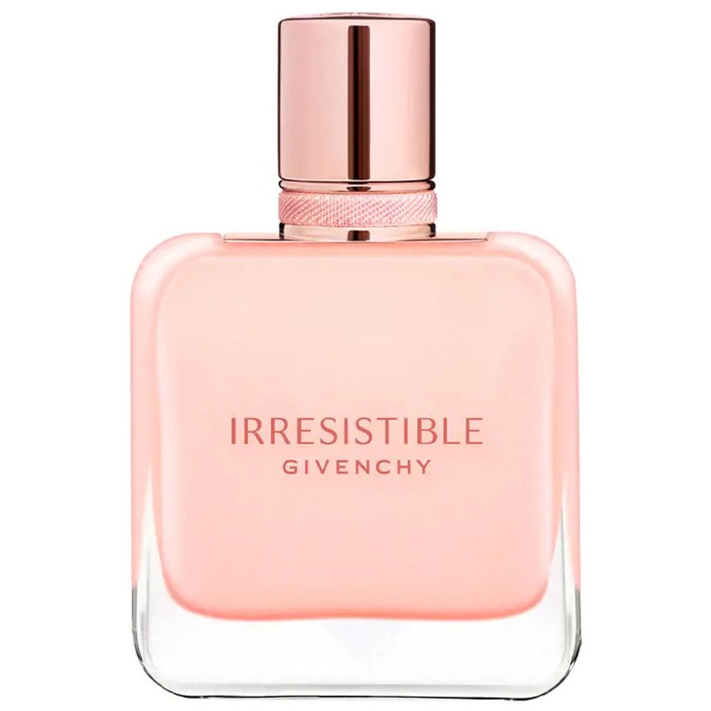 Rosa Eau de Parfum Flakon. Aufschrift: Irresistible Givenchy. Rechteckige Flasche mit rosafarbenem Inhalt und roségoldfarbenem Verschluss.