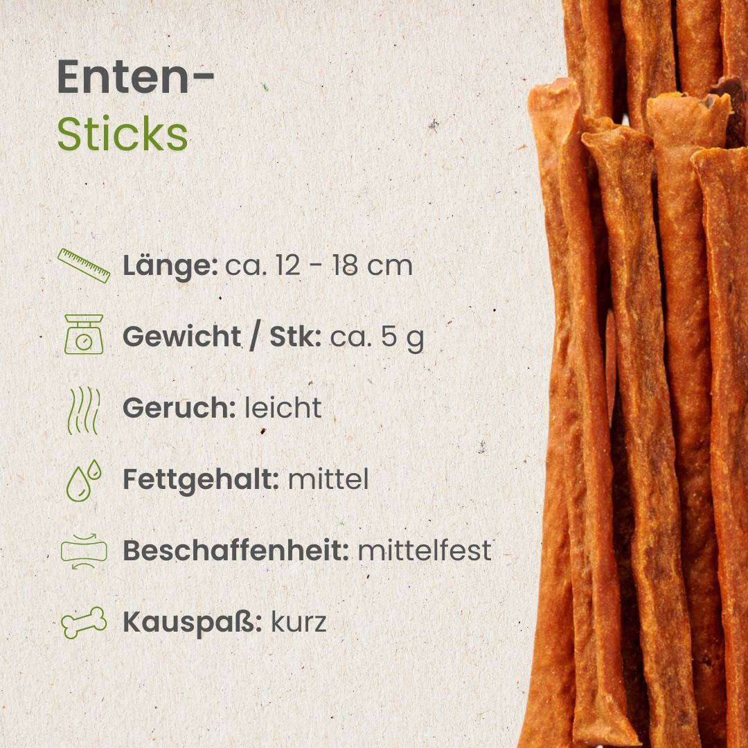 Getrocknete Entensticks für Hunde, Länge 12-18 cm, Gewicht ca. 5g pro Stück.