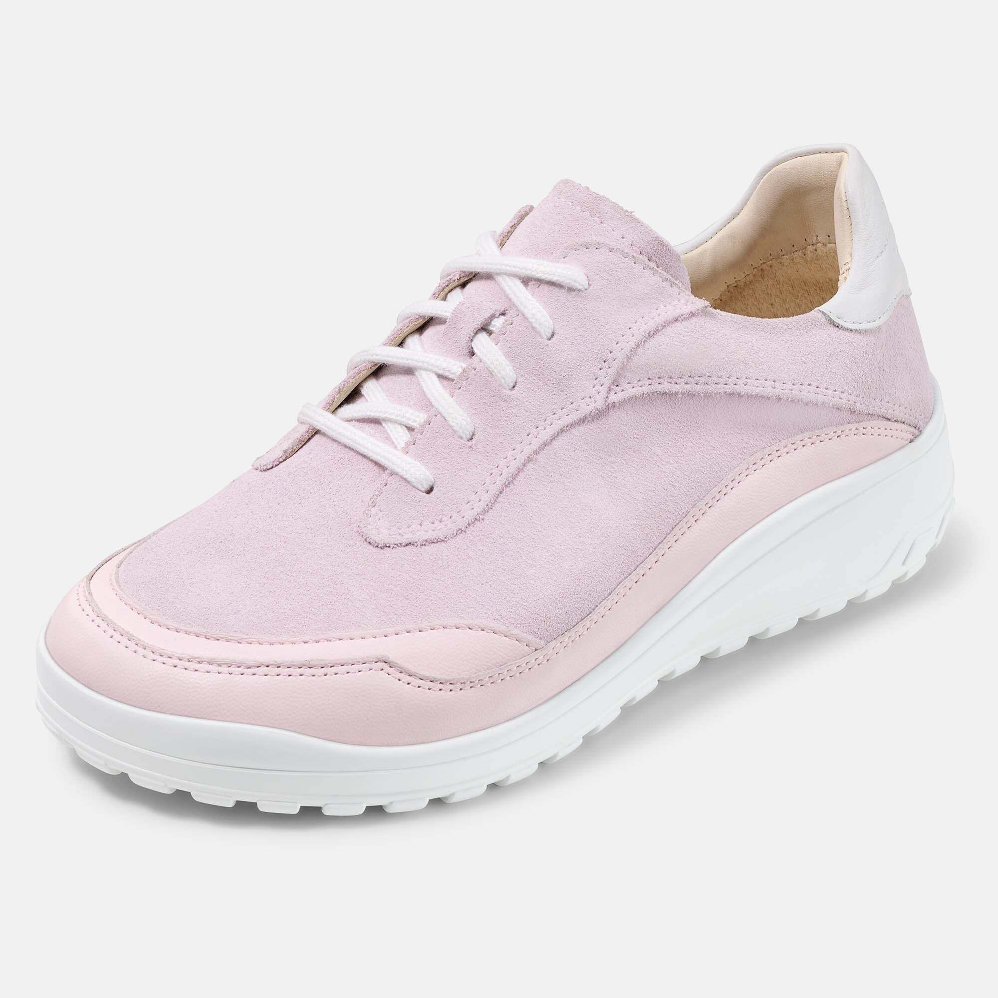 Rosa Damen-Schnürschuh aus Wildleder, Seitenansicht mit weißer Sohle und Schnürung.