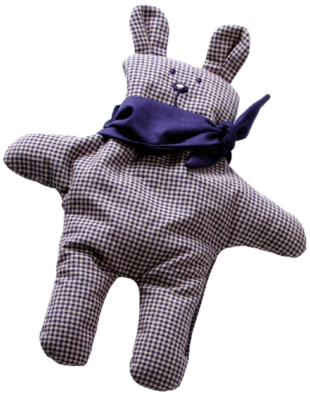 Bärförmiges Rapssamenkissen für Kinder. Stoff mit Vichy-Karo-Muster, blaue Schleife. Ohren, Augen und Nase. Wärme-/Kälteanwendung.