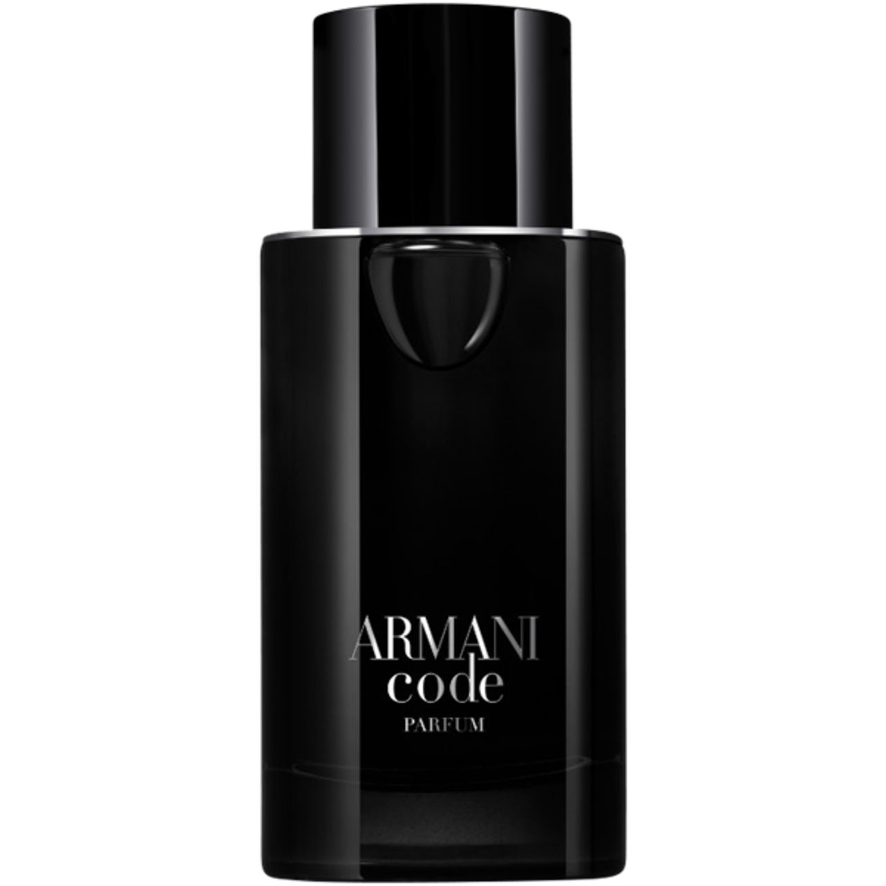 Schwarzer Flakon mit schwarzem Deckel. Aufschrift: Armani Code Parfum. Glasflakon.