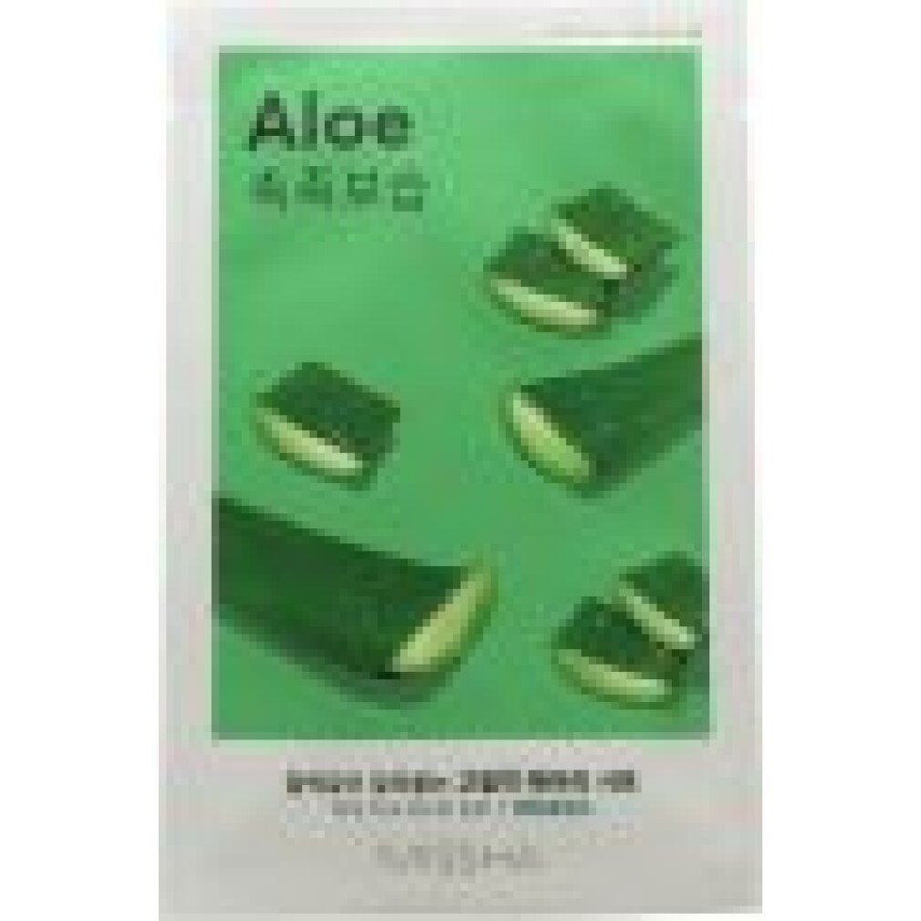 Gesichtsmaske mit Aloe-Vera-Motiv. Verpackung mit grünem Hintergrund und Aloe-Vera-Blättern. Marke MISSHA unten.