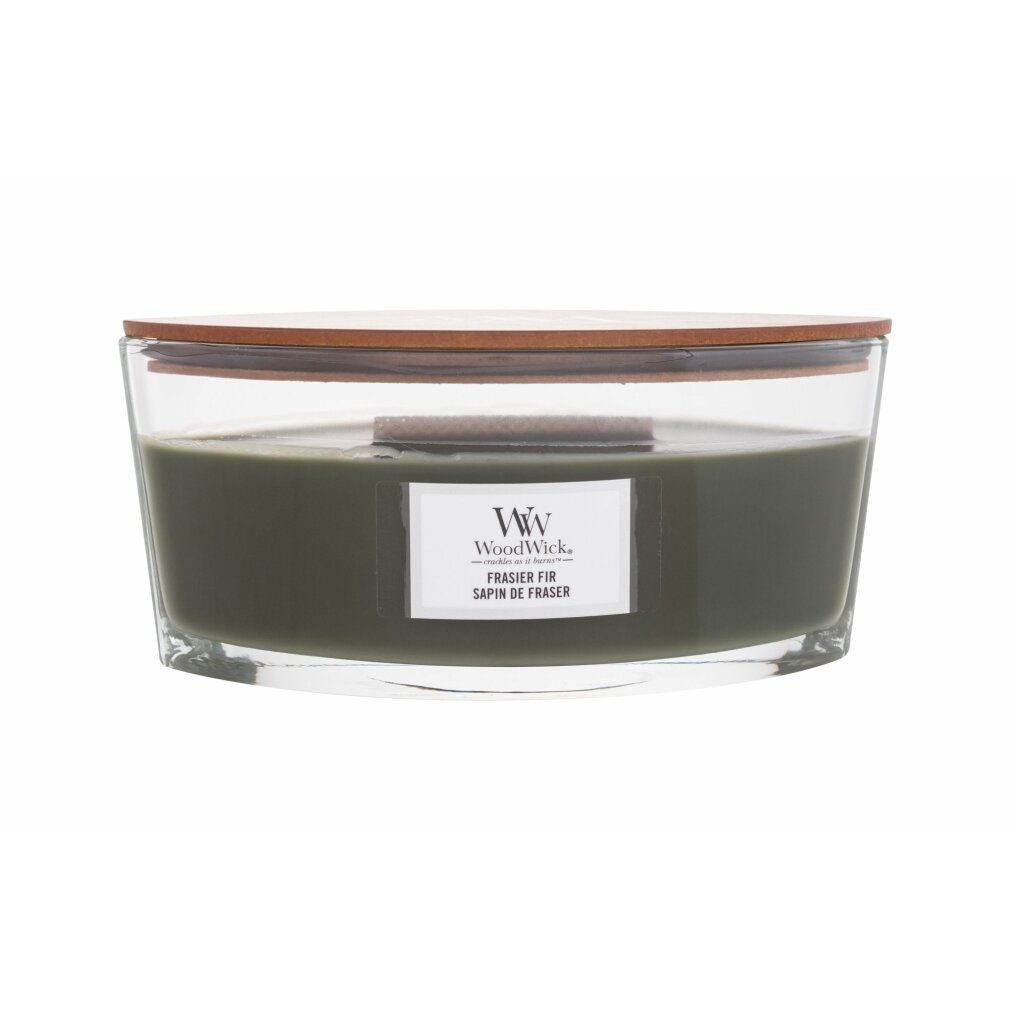 Kerze mit Holzdeckel. Aufschrift: WoodWick, Frasier Fir. Ellipsenförmiges Glasgefäß mit grünem Wachs.