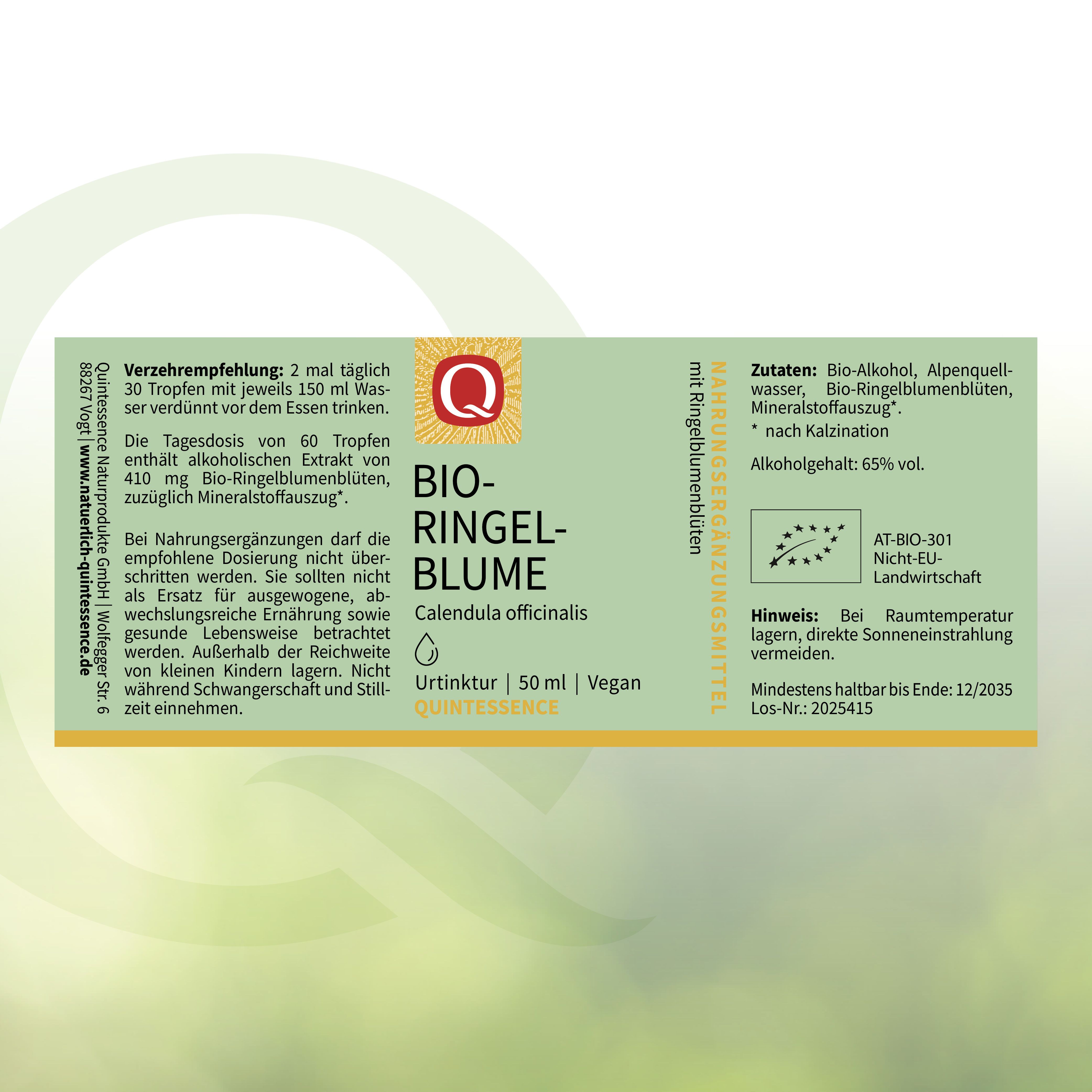 Etikett mit Produktinformationen. Aufschrift: BIO-RINGELBLUME, Calendula officinalis, 50 ml, Urtinktur. Zutaten und Verzehrempfehlung.