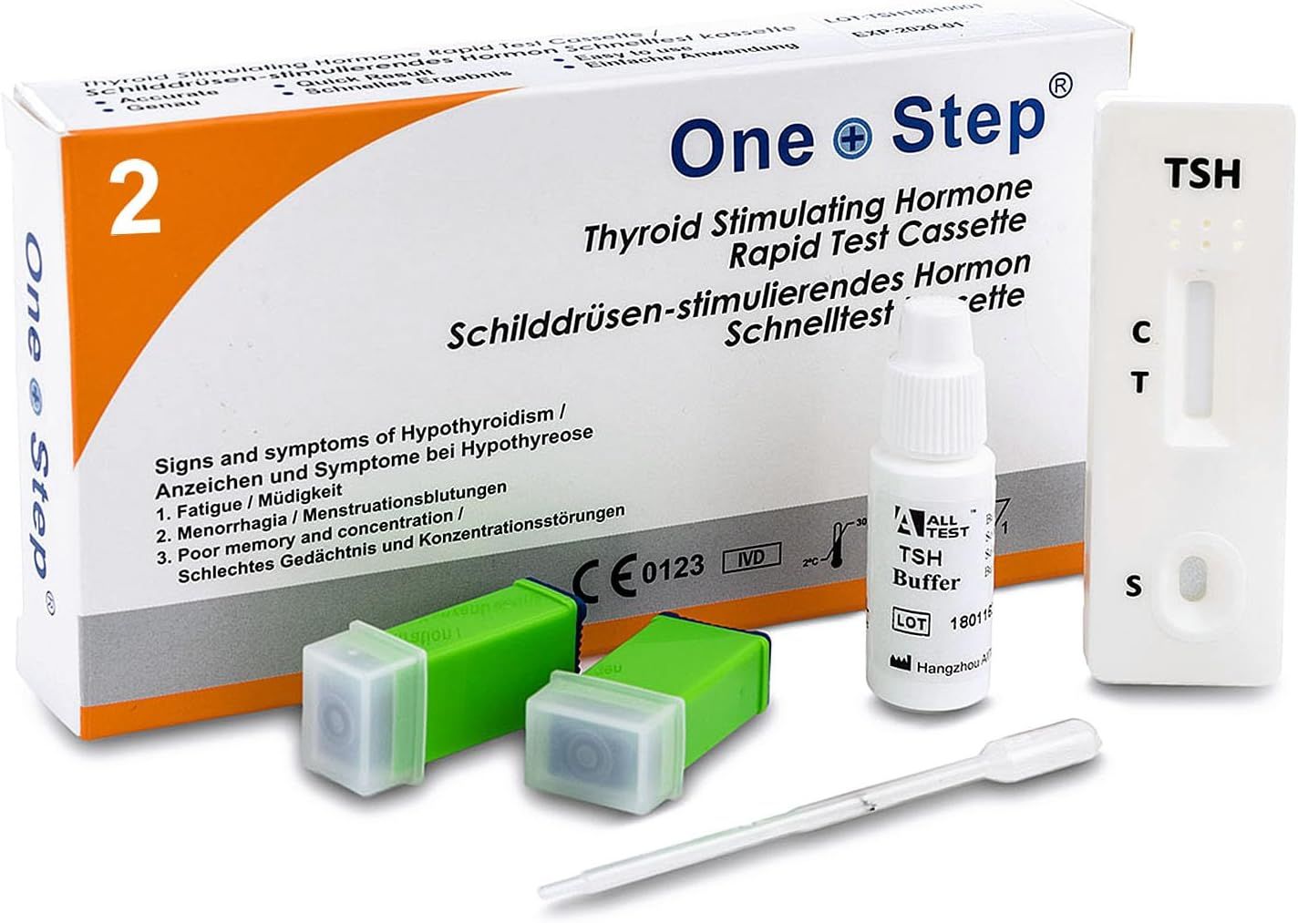 Set zur Früherkennung einer Schilddrüsenunterfunktion. Enthält Testkassette, Puffer, Lanzetten und Pipette. CE-Kennzeichnung.