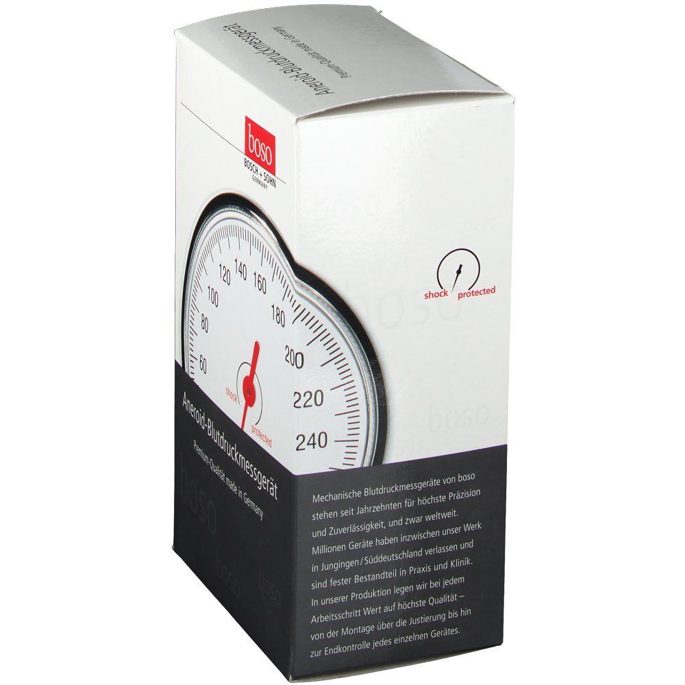 Verpackung des boso CLINICUS S. Aufdruck: Anzeigetafel, Marke, "shock protected".