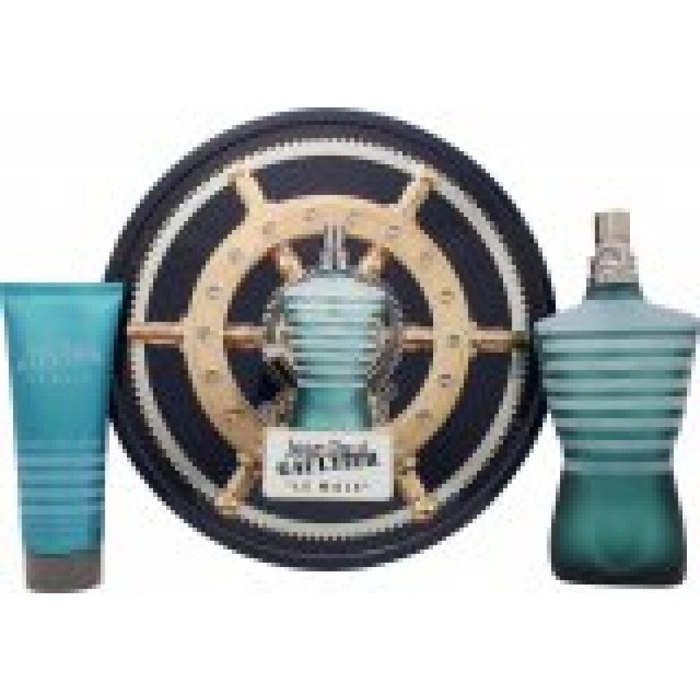 Geschenkset mit Flakon, Duschgel und Dekoration. Flakon und Gel blau-grün gestreift. Aufschrift "Jean Paul Gaultier Le Male".