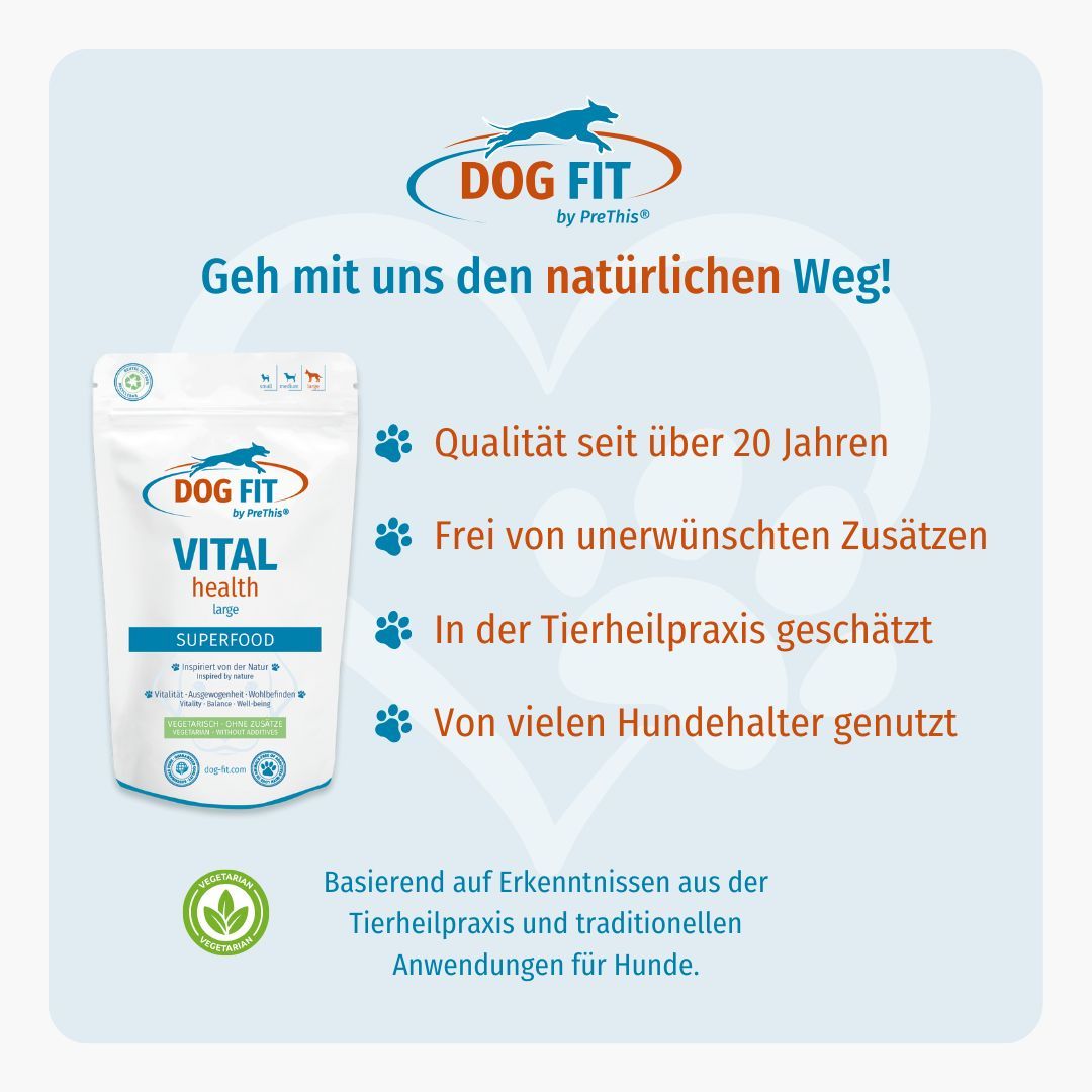 Produktverpackung "DOG FIT by PreThis® VITAL health" neben Texten über Qualität, Zusätze, Tierheilpraxis und Hundehalter.