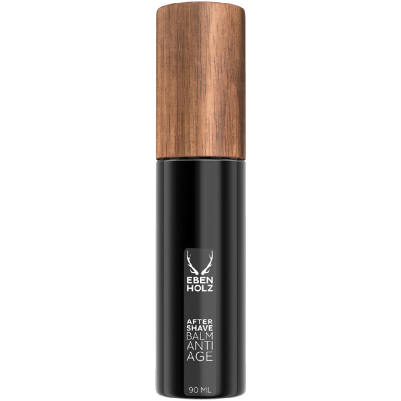 Schwarze Flasche mit Holzdeckel. Aufschrift: Ebenholz, After Shave Balm Anti Age. Unten: 90 ML.