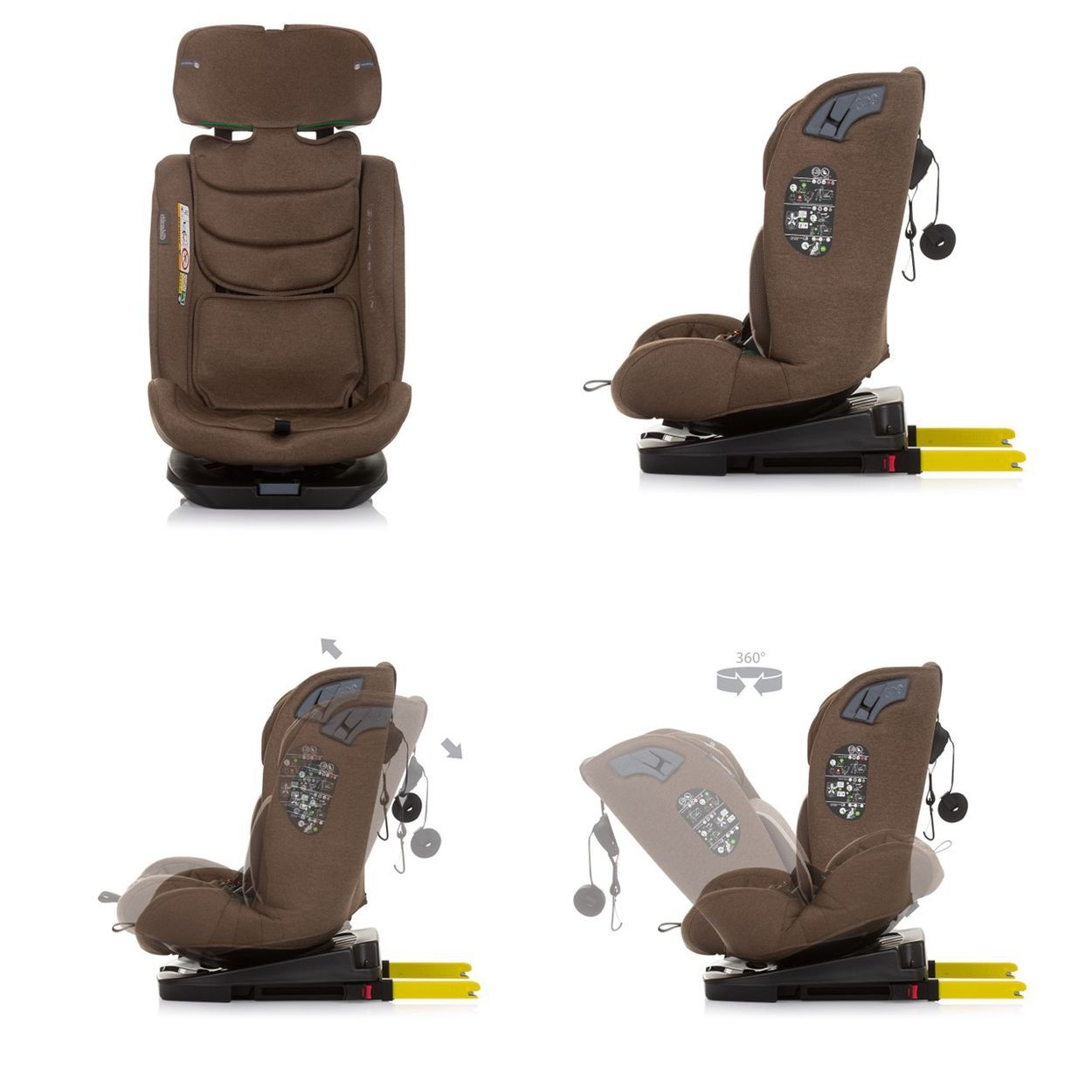 Brauner Kindersitz mit verstellbarer Kopfstütze und Isofix-Befestigung, Seitenansichten zeigen Drehfunktion.