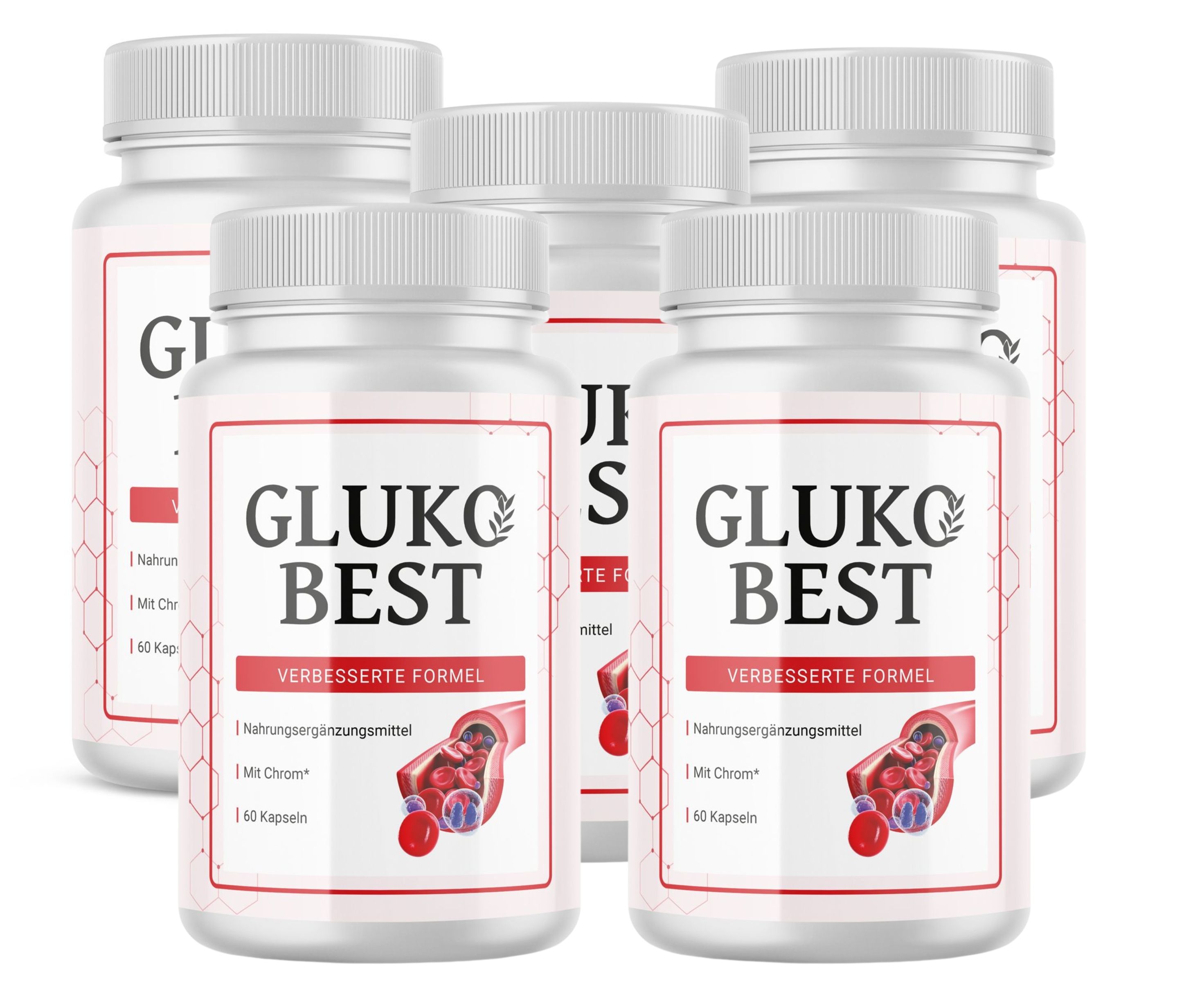 Mehrere weiße Pillendosen mit dem Aufdruck GLUKO BEST. Aufschrift: VERBESSERTE FORMEL, Nahrungsergänzungsmittel, 60 Kapseln.