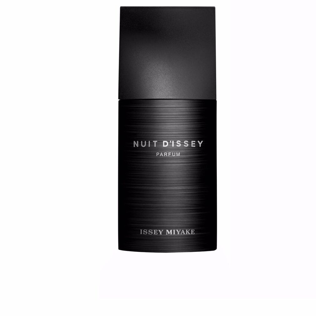 Schwarzer Flakon mit vertikalen Linien, schwarzem Deckel. Schriftzug: Nuit d'Issey Parfum, Issey Miyake.