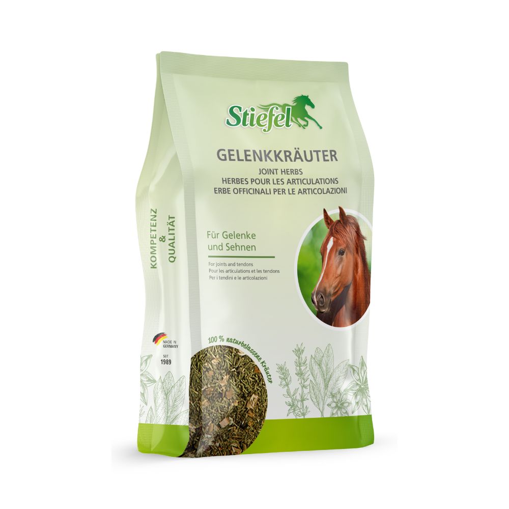 Beutel Stiefel Gelenkkräuter. Aufdruck: Kräutermischung für Gelenke und Sehnen. Abbildung eines Pferdes. Mit Qualitätszeichen.